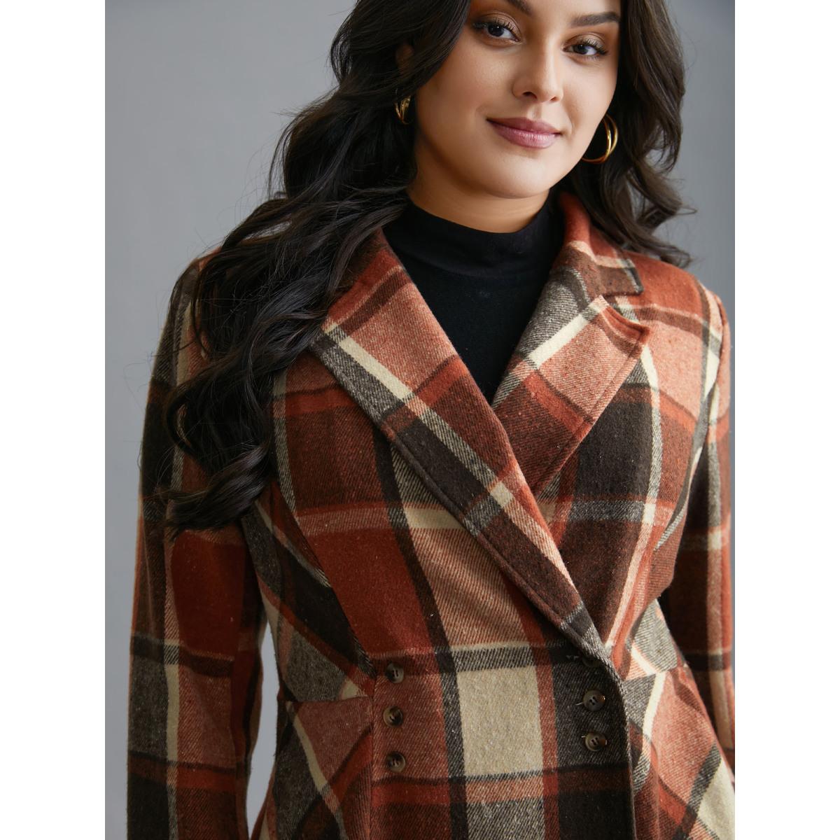 Plus Size Plaid Lapel Collar Waist Button Coat Women Yellowishbrown Elegant Button Ladies Everyday Winter Coats BloomChic 10/M Product Image