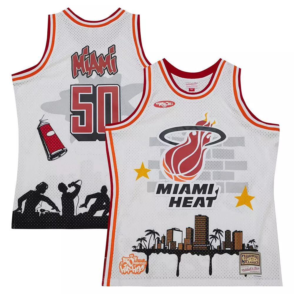 Men's Mitchell & Ness x Tats Cru White Miami Heat Hardwood Classics Fashion Jersey, Size: Small Product Image