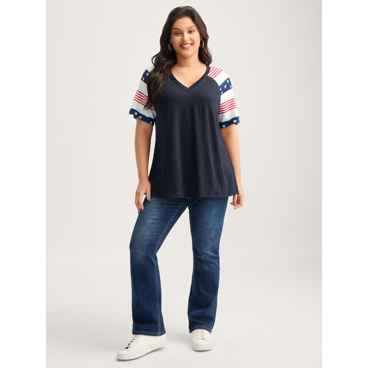 Plus Size Stars and Stripes Raglan T-Shirt Navy Women Leisure Round Neck Casual T-shirts BloomChic 18-20/2X Product Image
