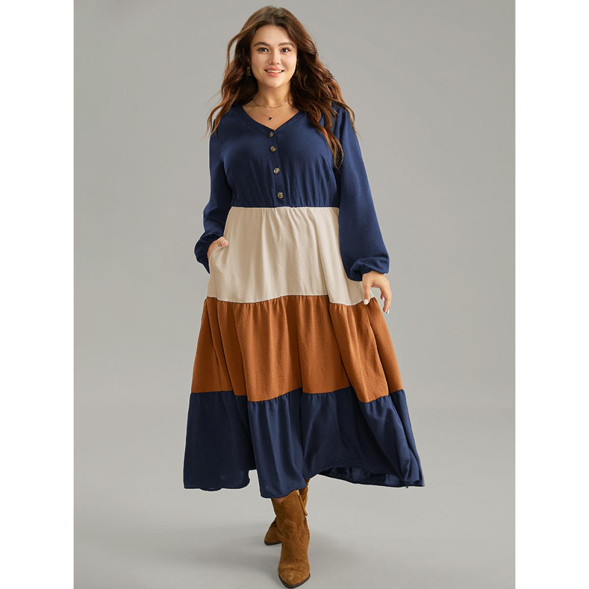 Plus Size Colorblock Patchwork Lantern Sleeve Button Detail Dress DarkBlue Women Elegant Elastic cuffs V-neck Long Sleeve Curvy Midi Dress BloomChic 26/4X Product Image