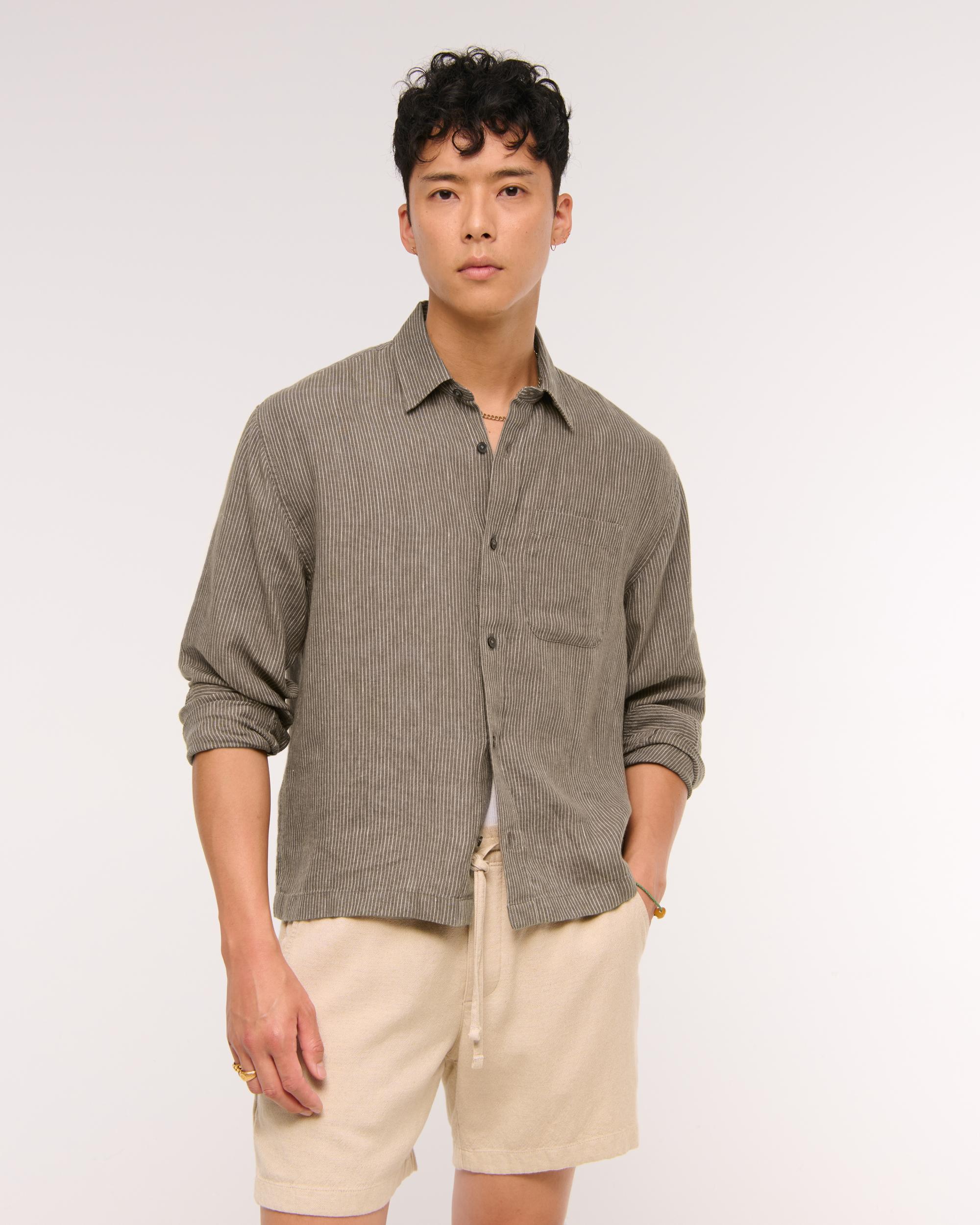 Cropped Linen Button-Up Shirt Product Image
