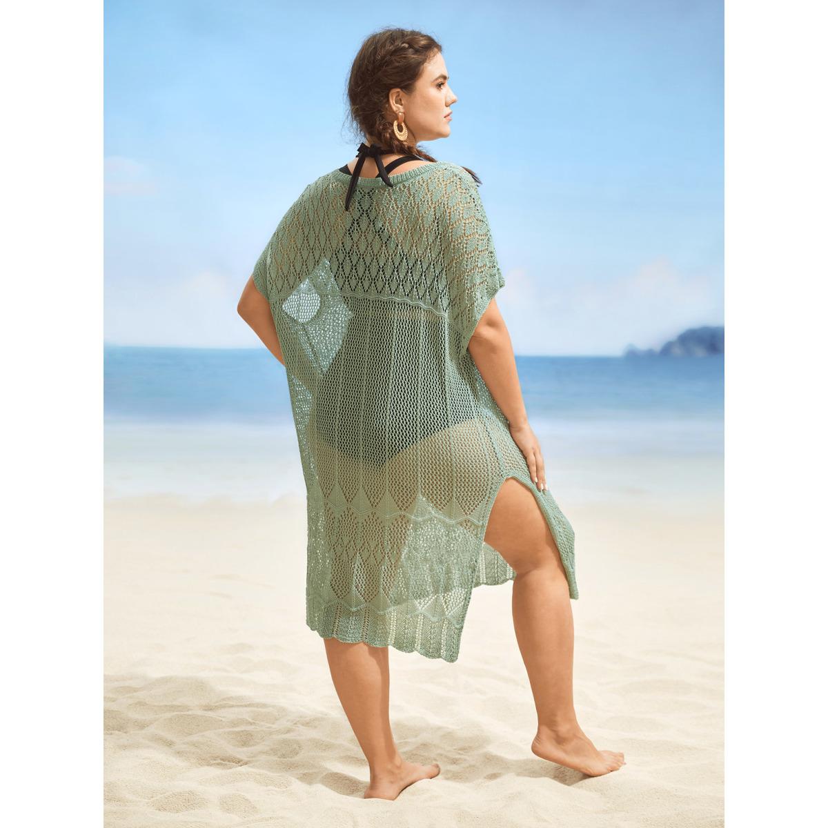 Plus Size Textured Cut Out Dolman Sleeve Swim Cover Up Women's Swimwear Sage Beach Loose Texture Curve Swim Cover Ups BloomChic 10/M Product Image