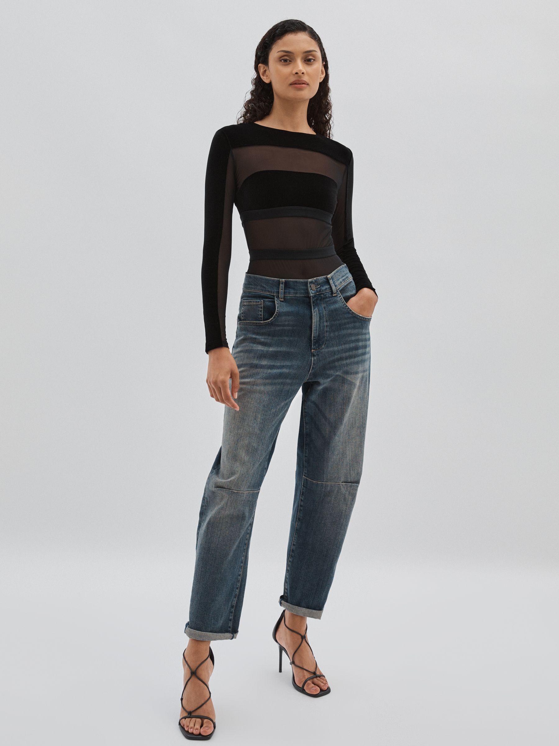 Velvet and Mesh Bodysuit in Black Product Image