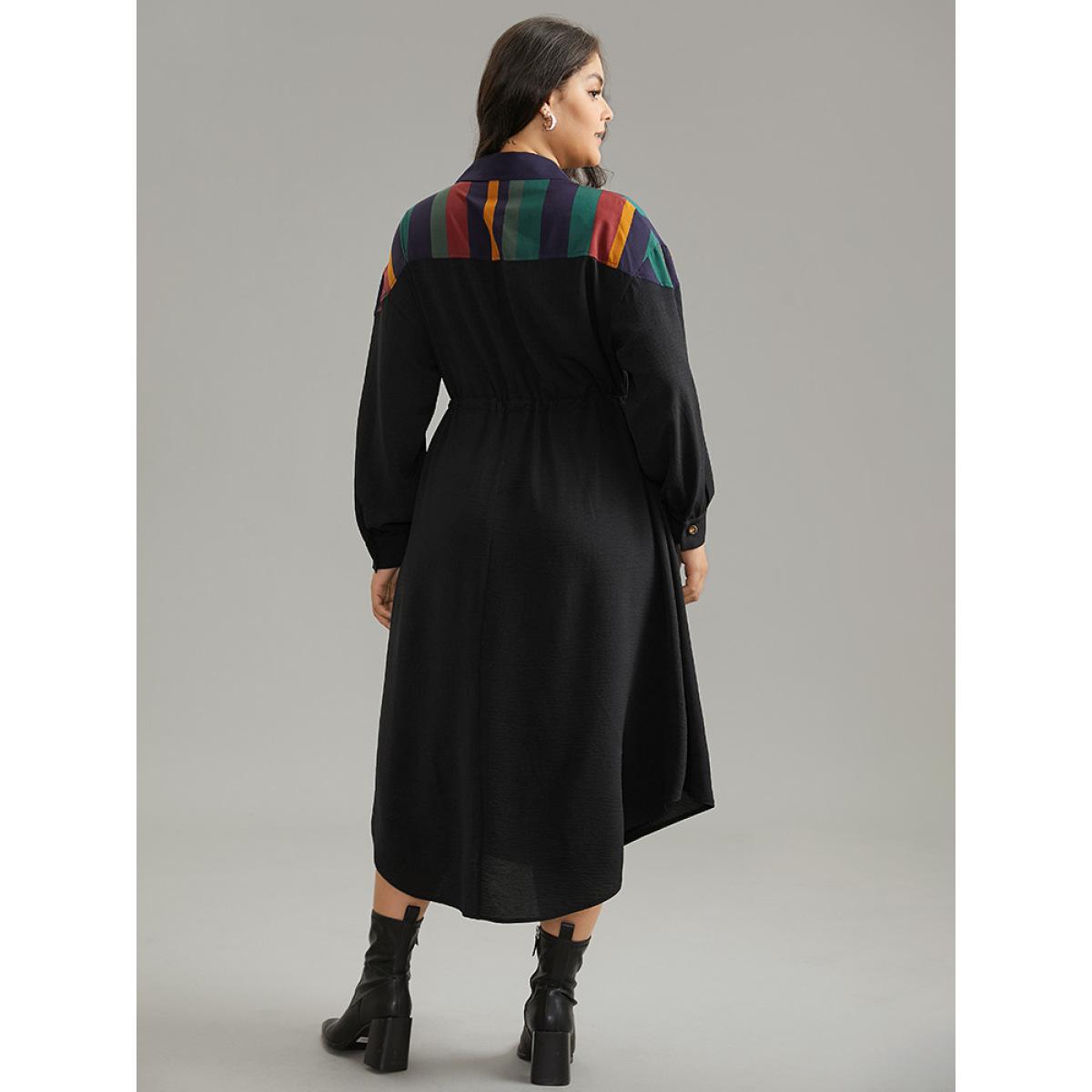 Plus Size Striped Contrast Drawstring Button Detail Shirt Collar Dress Black Women Office Patchwork Shirt collar Long Sleeve Curvy Midi Dress BloomChic 18-20/2X Product Image