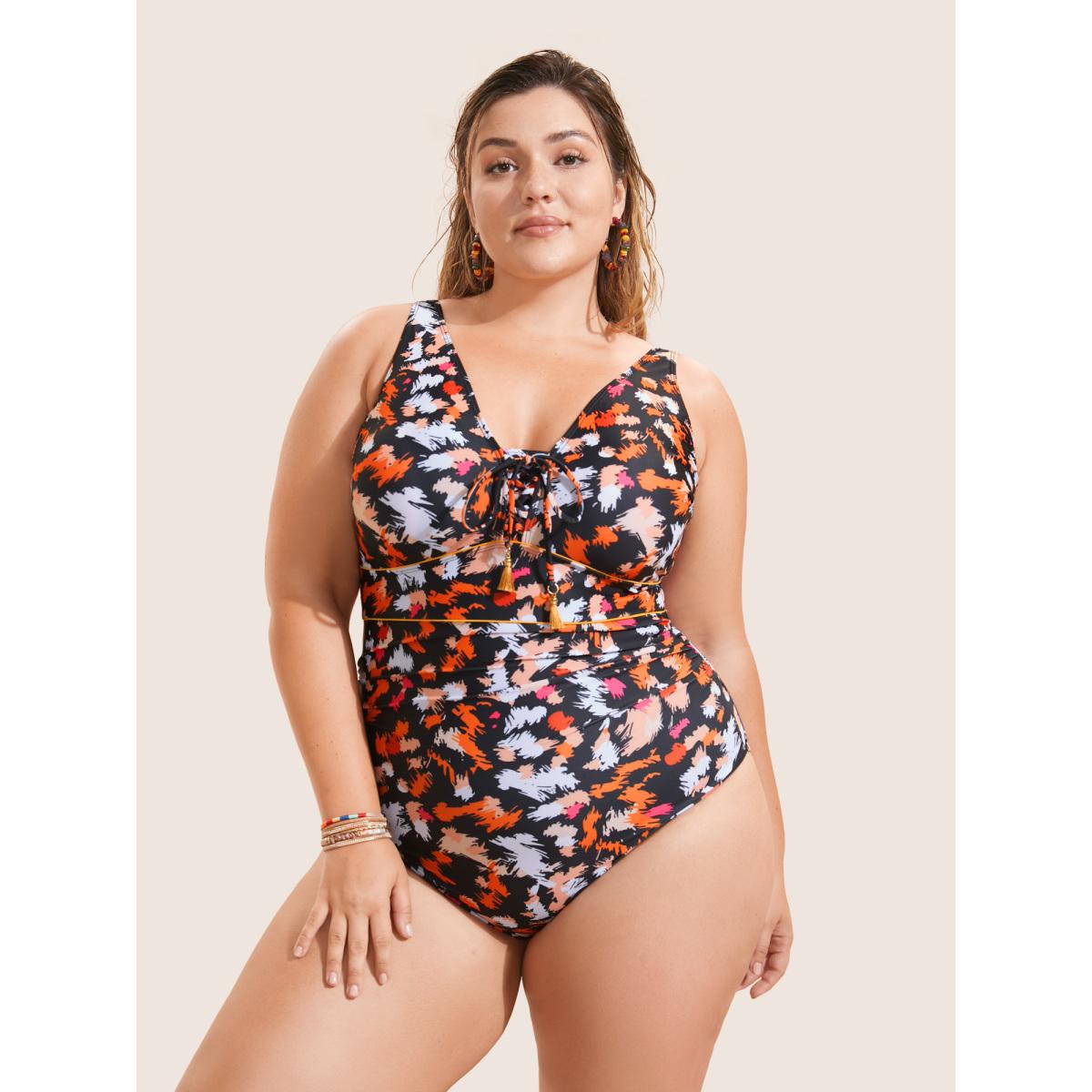 Plus Size Brush Print Ties Tassel One Piece Swimsuit Women's Swimwear Multicolor Beach Non Curve Bathing Suits Medium stretch One Pieces BloomChic 26/4X Product Image