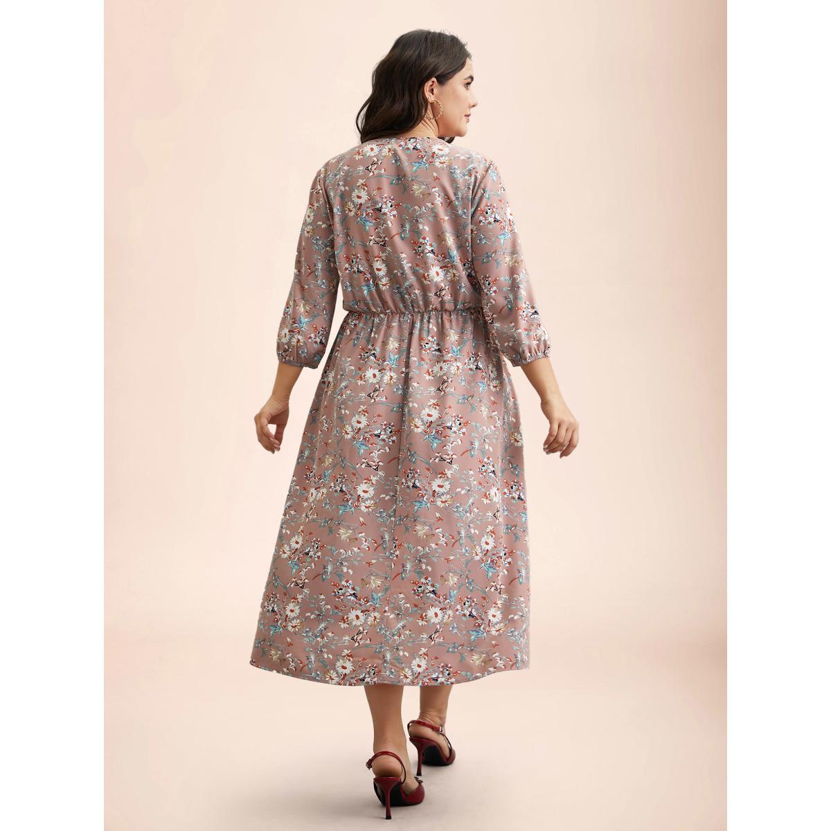Plus Size V-Neck Floral Print Shirred Pockets Midi Dress DustyPink Women Elegant Shirred V-neck Elbow-length sleeve Curvy BloomChic 18-20/2X Product Image