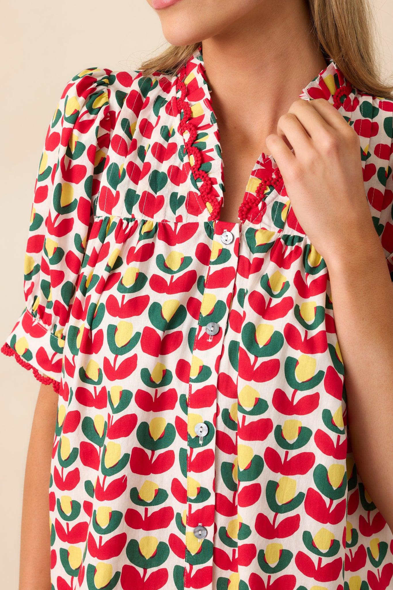 Lemonade Stand Cotton Red Floral Button Front Blouse Product Image