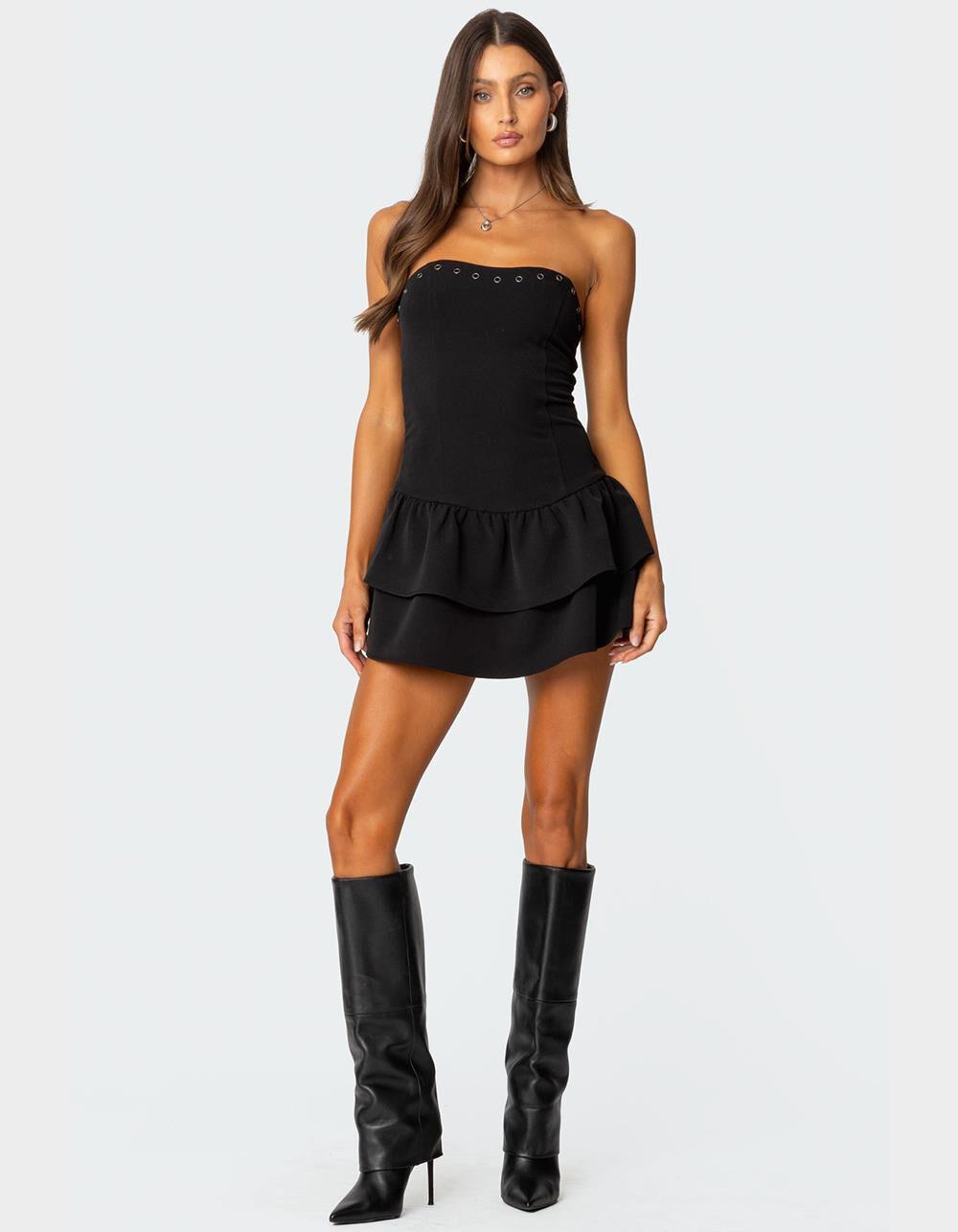 EDIKTED Double Ruffle Drop Waist Mini Dress - BLACK Product Image