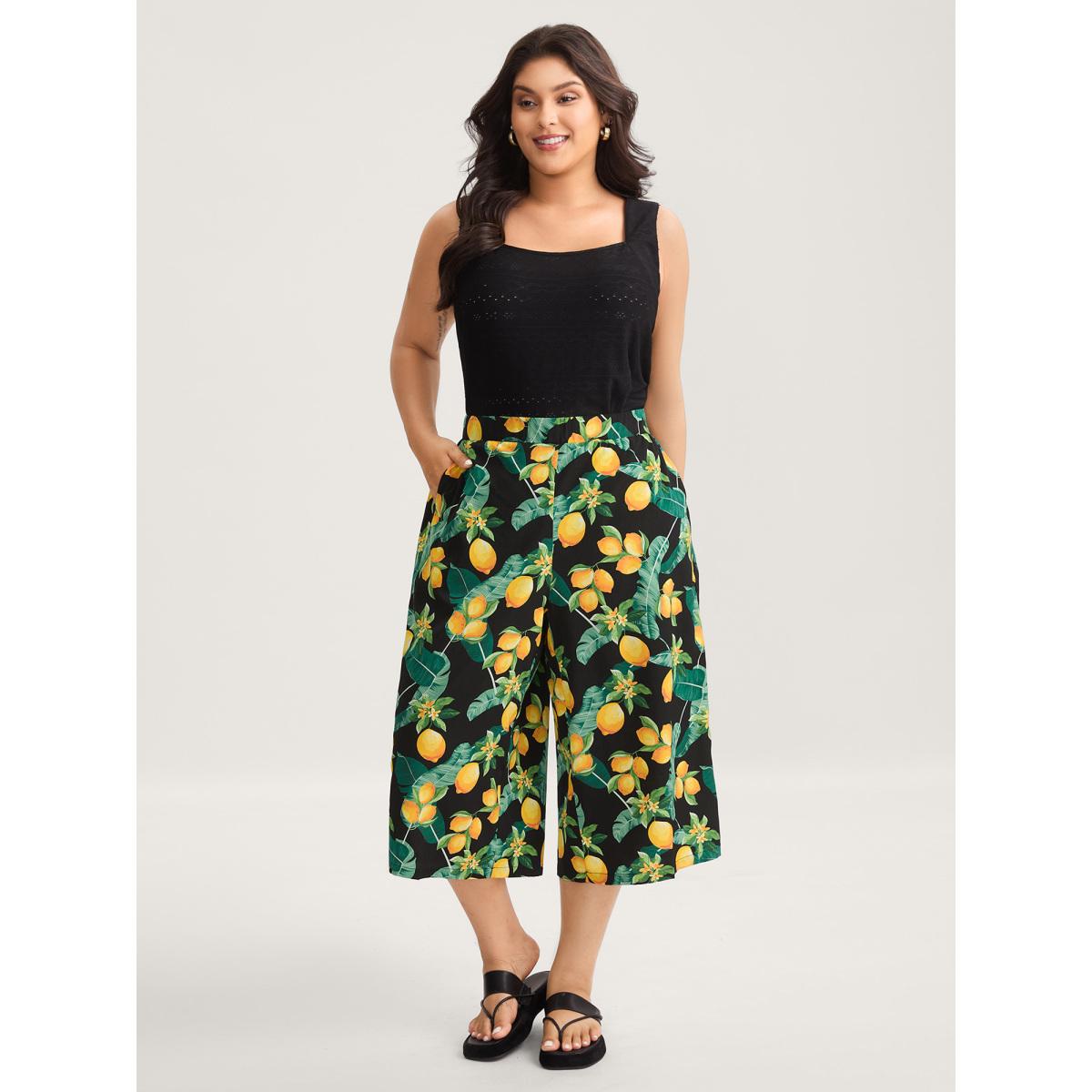 Plus Size Citrus Print Wide-Leg Pants Women BlackFlower Leisure Wide Leg Mid Rise Casual Pants BloomChic 30/6X Product Image