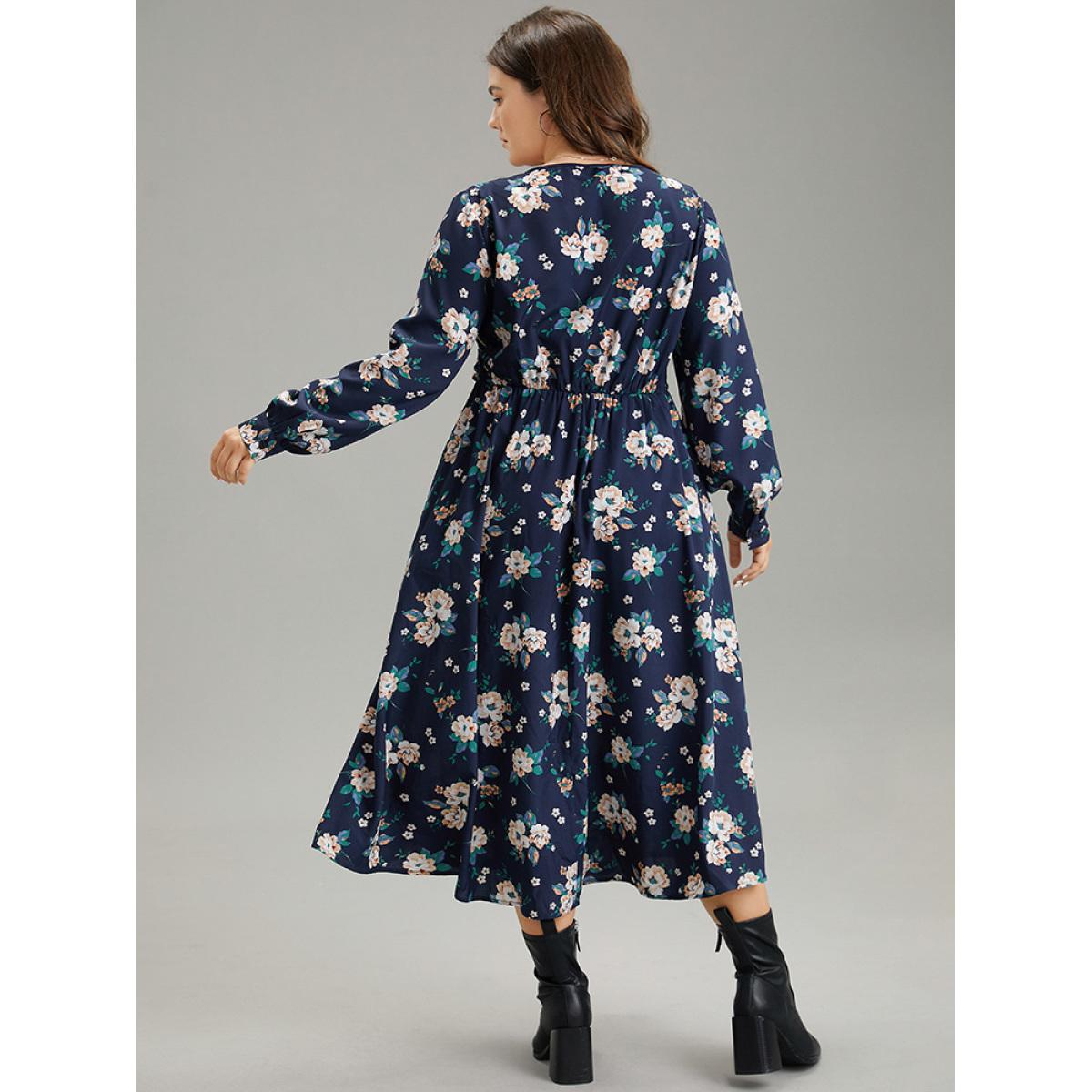 Plus Size Floral Print Twist Front Pocket Midi Dress DarkBlue Women Elegant Printed V-neck Long Sleeve Curvy Midi Dress BloomChic 28/5X Product Image