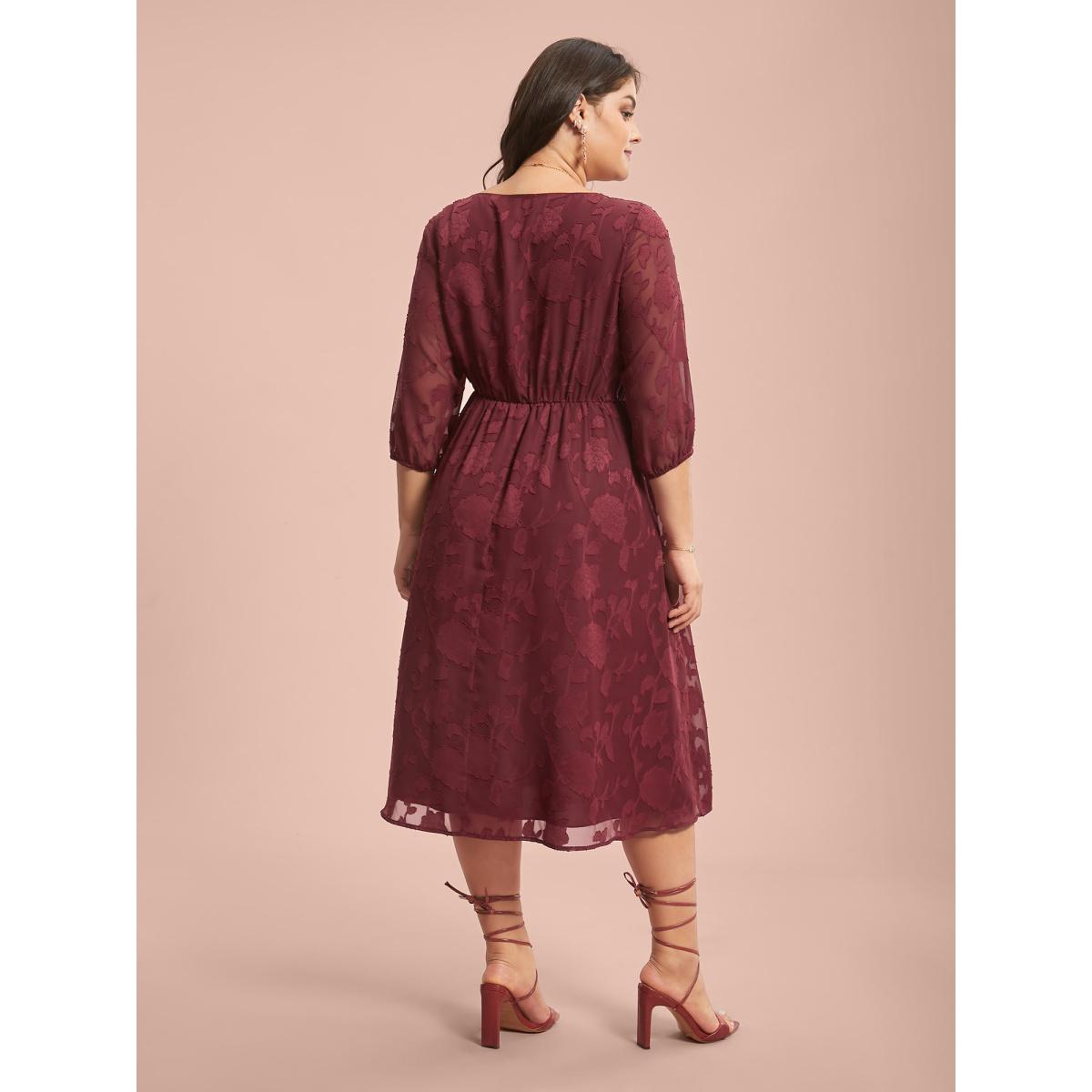 Plus Size Floral Frill Trim Stretchy-Waist Sheer Midi Dress Burgundy Women Elegant Texture Square Neck Elbow-length sleeve Curvy BloomChic 22-24/3X Product Image