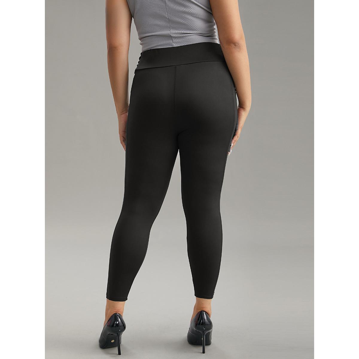 Plus Size Plain Ruched Side Pocket Wideband Waist Leggings Women Black Casual High stretch Skinny High Rise Dailywear Leggings BloomChic 14-16/1X Product Image