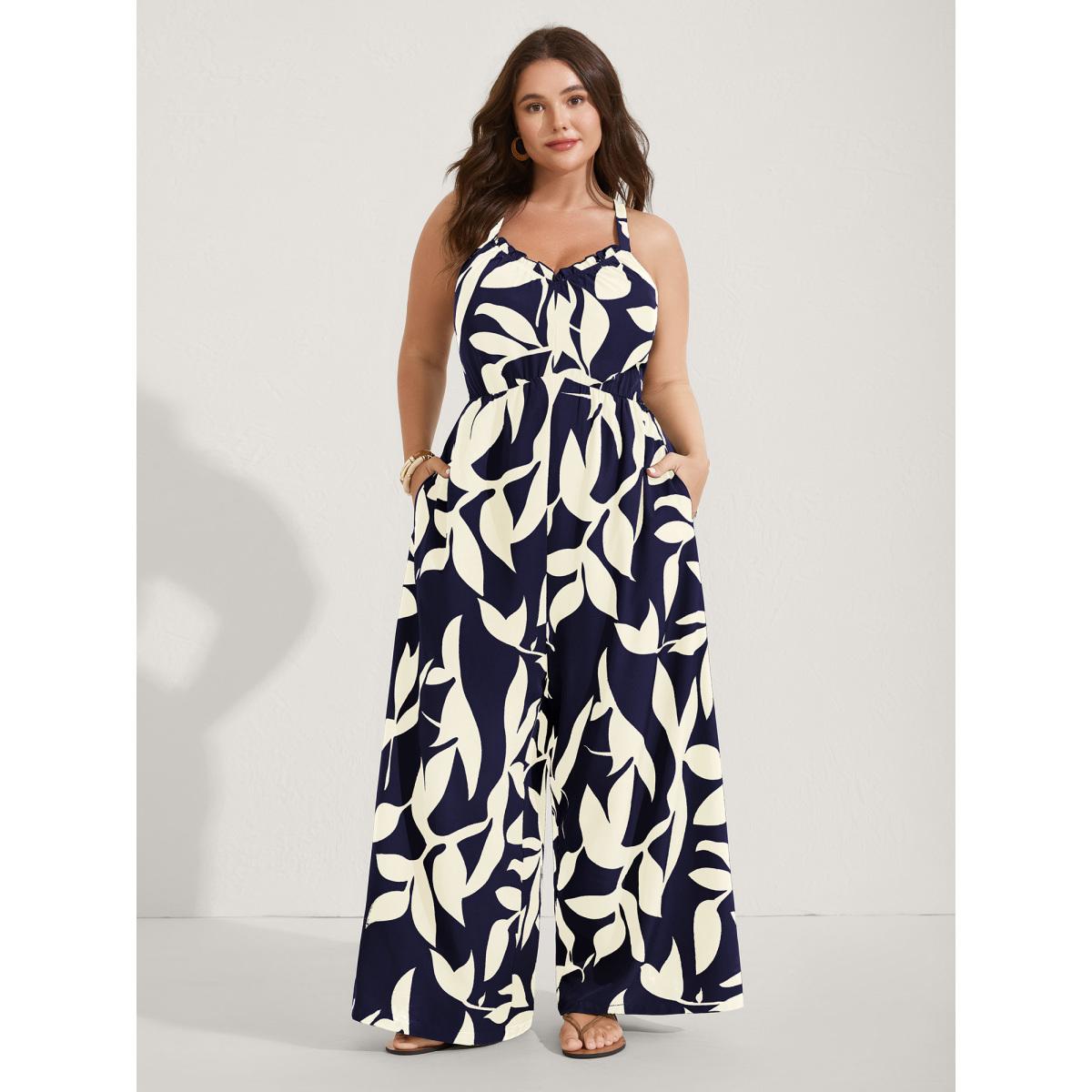 Plus Size Navy Silhouette Floral Print Sweetheart Jumpsuit Women Sleeveless V-neck Everyday-Elegant Loose Jumpsuits BloomChic 14-16/1X Product Image