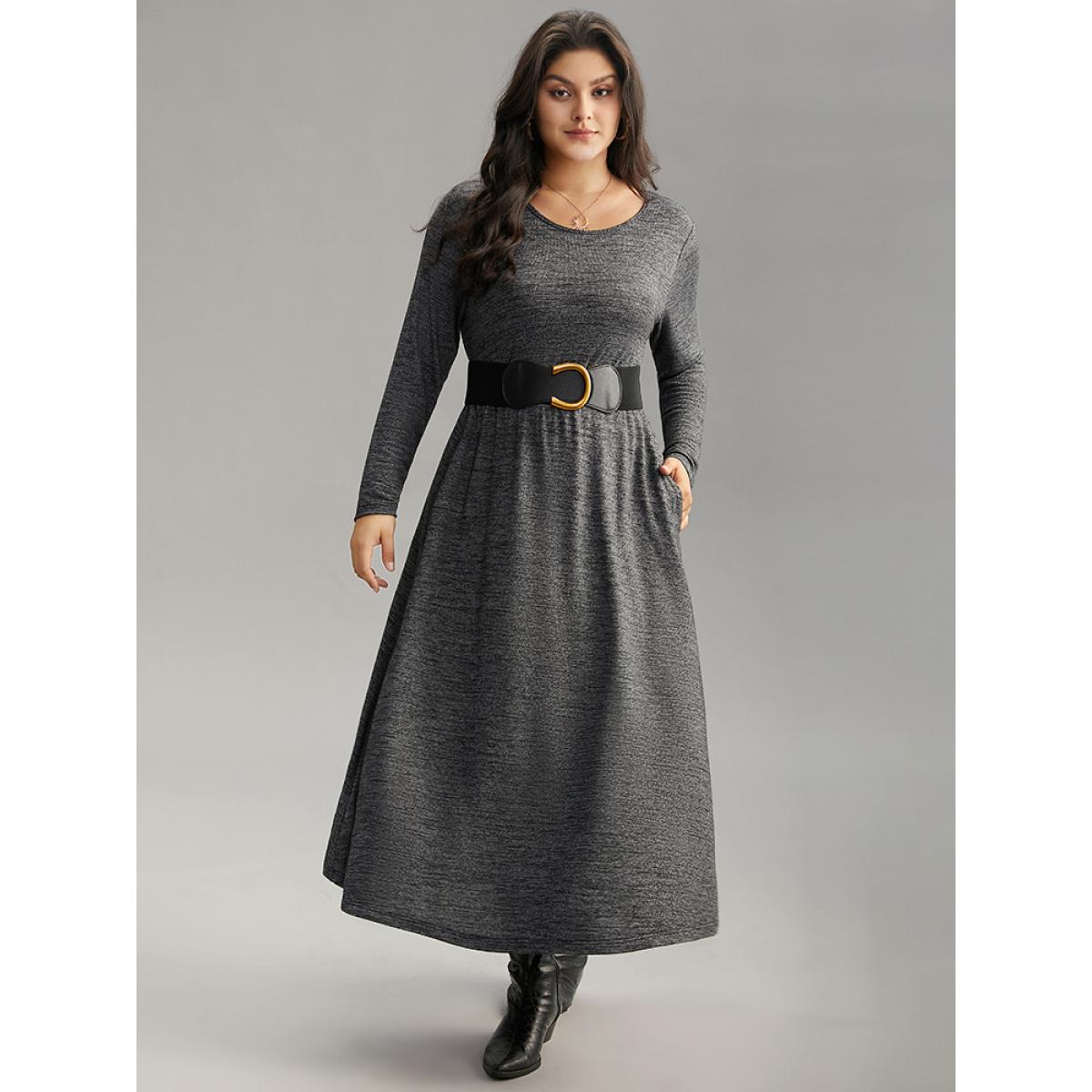 Plus Size Plain Heather Metal Buckle Detail Dress With Belt DimGray Women Casual Plain Round Neck Long Sleeve Curvy Midi Dress BloomChic 28/5X Product Image