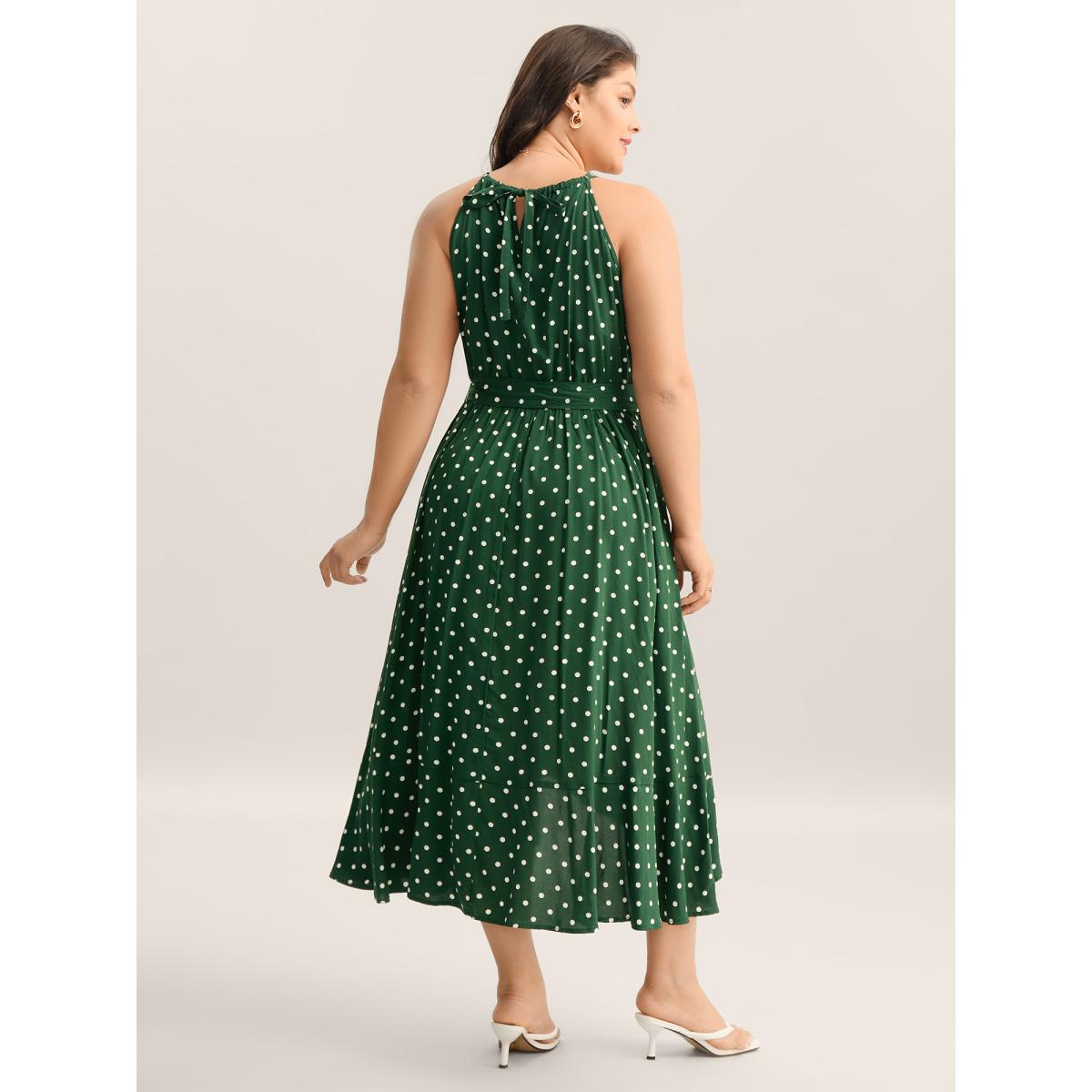 Plus Size Polka Dots Halter Neck Belted Midi Dress Truegreen Women Romantic Halter neck Sleeveless Curvy BloomChic 28/5X Product Image