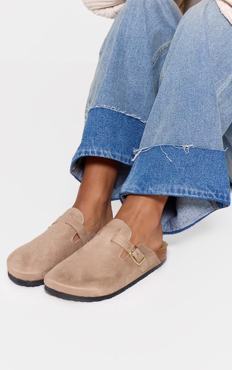 Beige Faux Suede Buckled Mule Cloggs Product Image