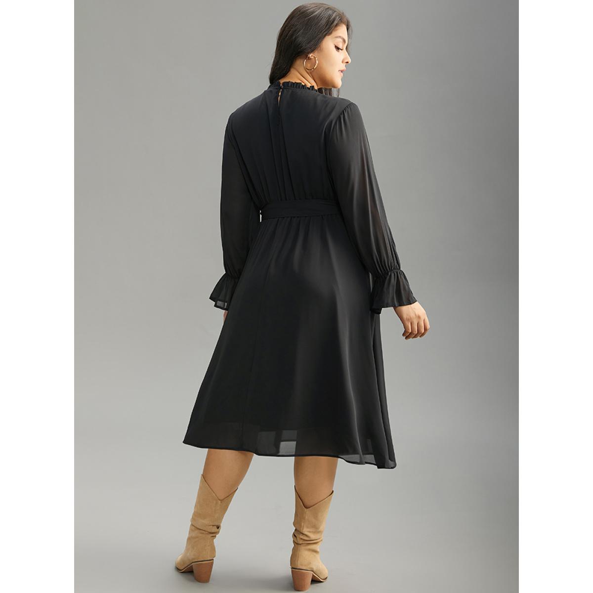Plus Size Plain Pleated Stand Collar Shirred Ruffles Dress Black Women Office Plain Stand-up collar Long Sleeve Curvy Midi Dress BloomChic 12/L Product Image