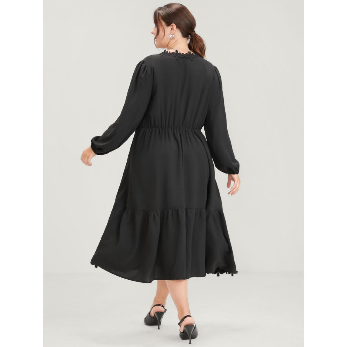 Plus Size Solid Lace Patch Lantern Sleeve Pocket Button Ruffle Hem Dress Black Women Elegant Patchwork V-neck Long Sleeve Curvy Midi Dress BloomChic 12/L Product Image