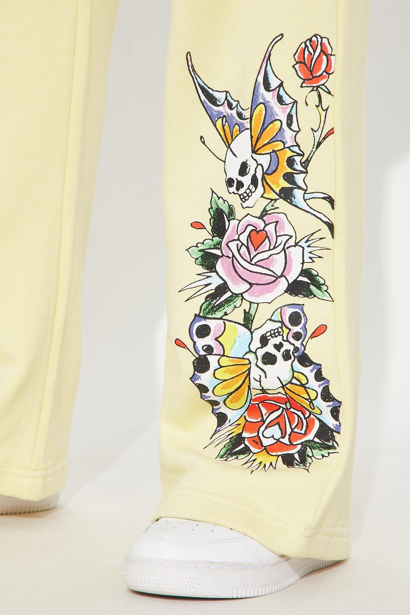Ed Hardy Enchanted Butterfly Wide Leg Pant - Butter Yellow Female Product Image