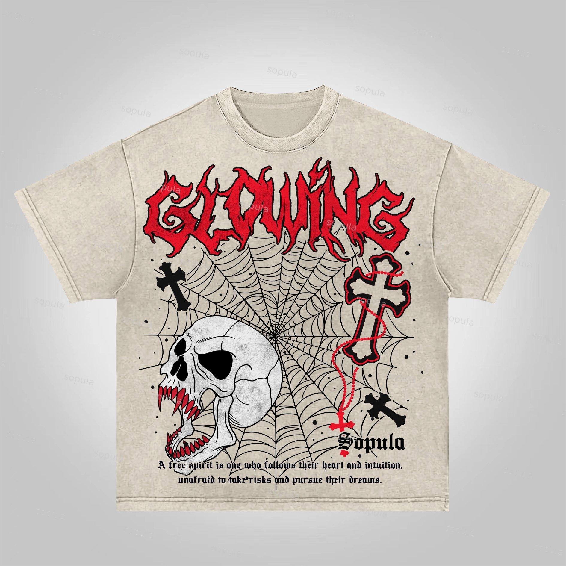 Sopula Vintage Skull Spider Web Cross Acid Washed T-shirt Product Image
