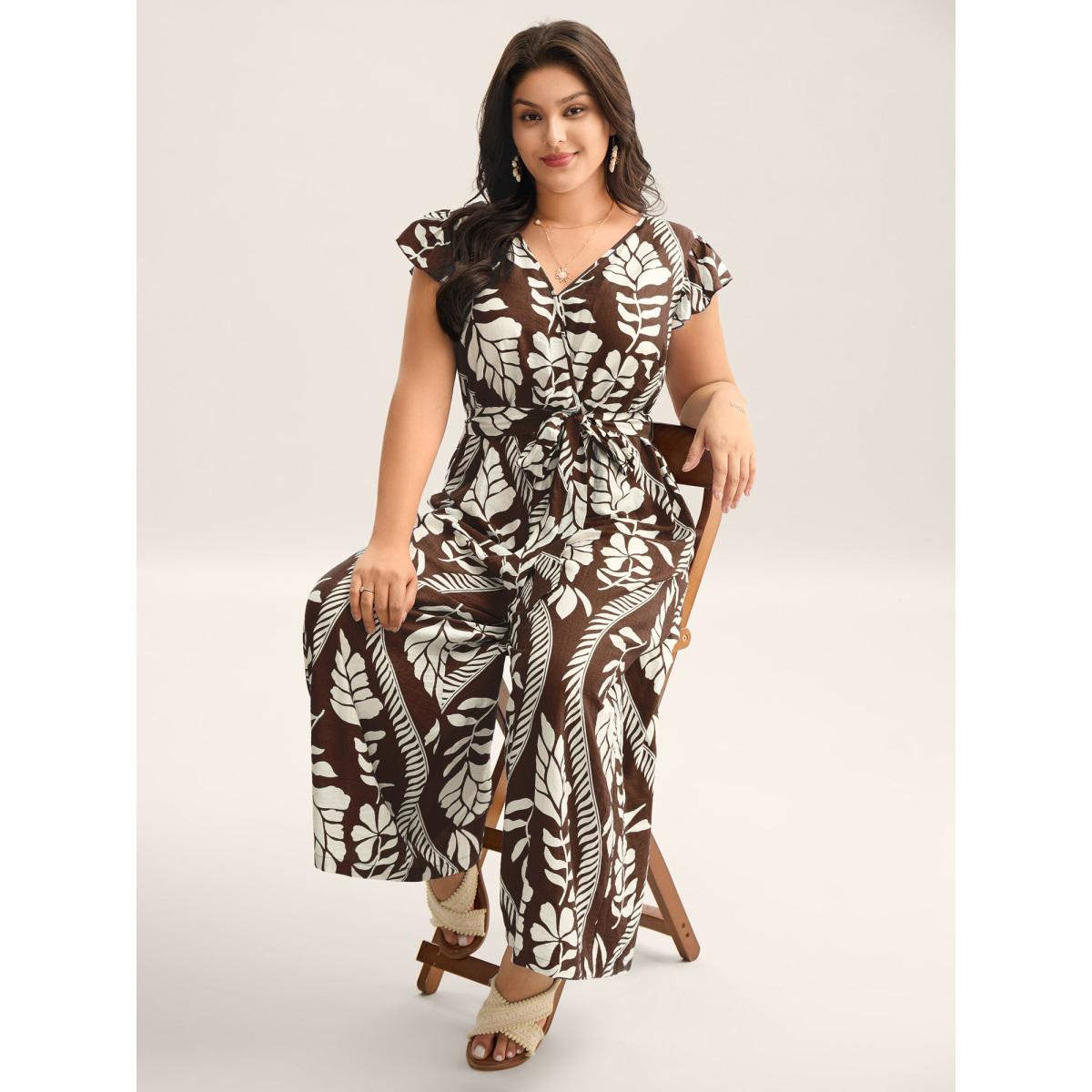 Plus Size DarkBrown Large Floral Print Pockets Jumpsuit Women Cap Sleeve Overlap Collar Vacation Loose Jumpsuits BloomChic 18-20/2X Product Image