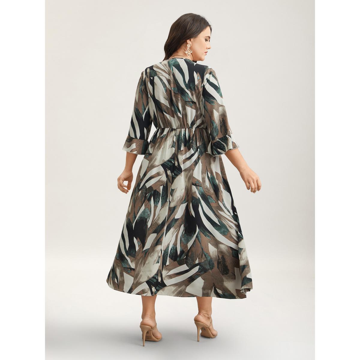 Plus Size Abstract Print Lotus Leaf Cuff Pockets Dress DarkBrown Women Elegant Ruffles Overlap Collar Elbow-length sleeve Curvy BloomChic 22-24/3X Product Image