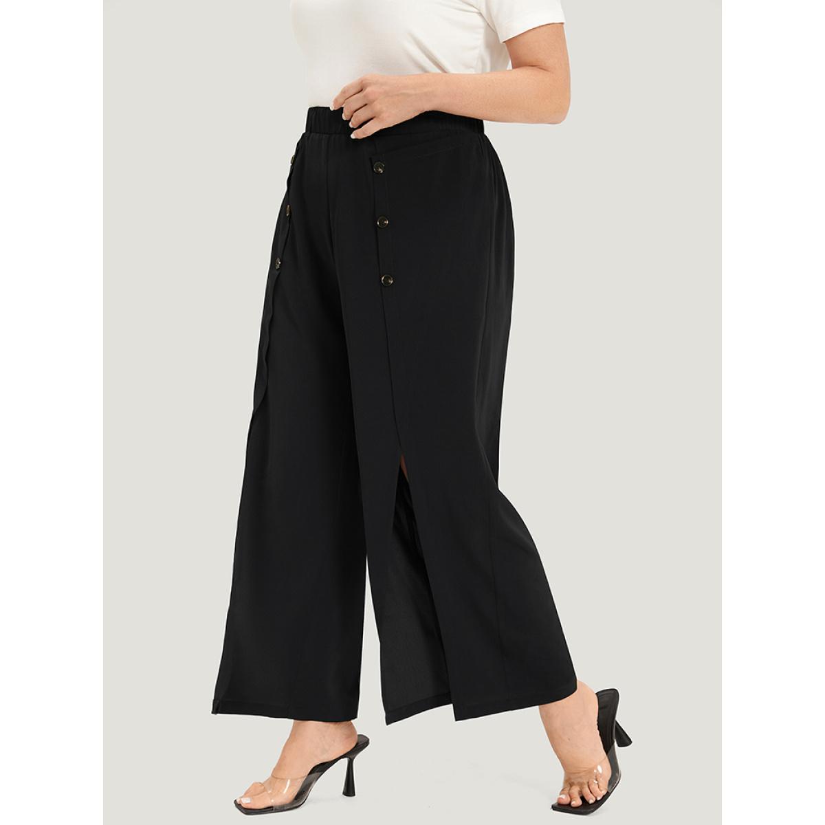 Plus Size Solid Button Detail Pocket Wrap Hem Pants Women Black Elegant Straight Leg High Rise Dailywear Pants BloomChic 26/4X Product Image