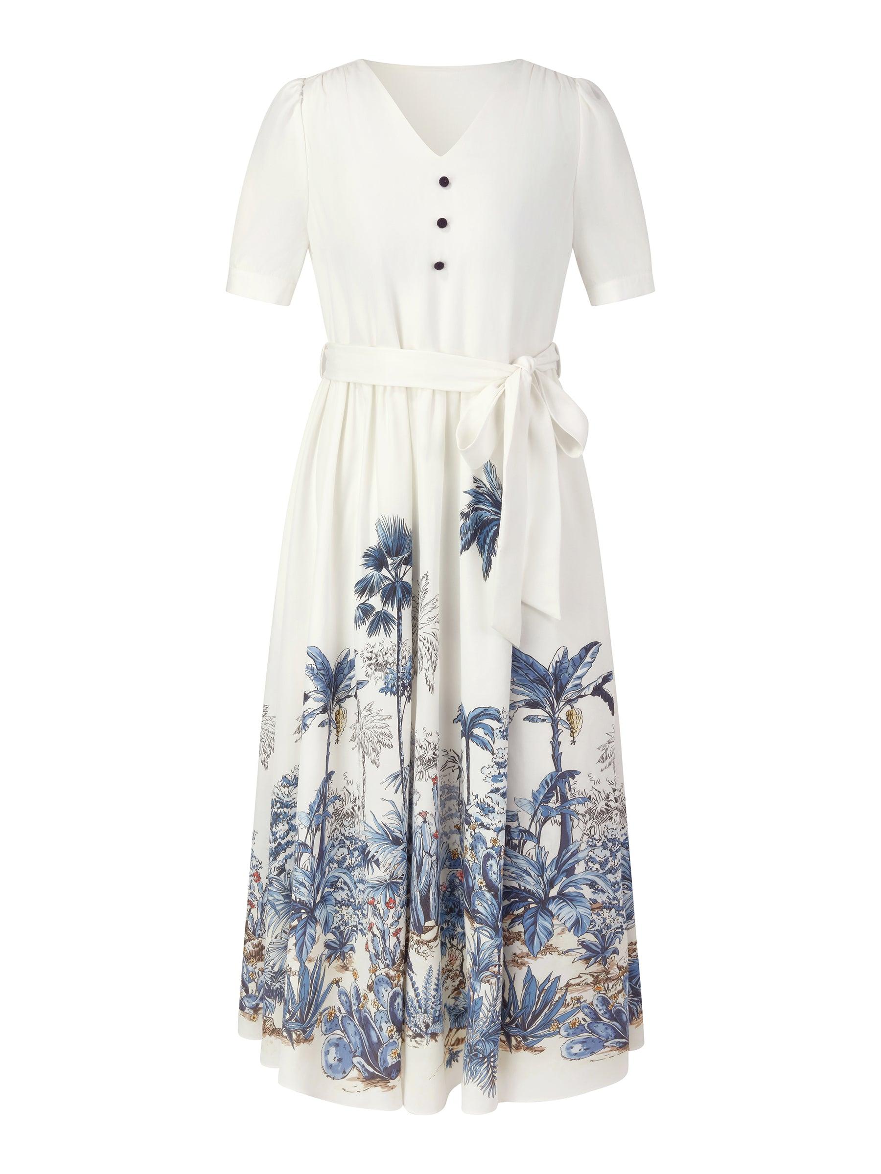Pre-Order Tencel Linen Floral Print Women V-Neck Midi Dress With Self-Tie Belt Product Image
