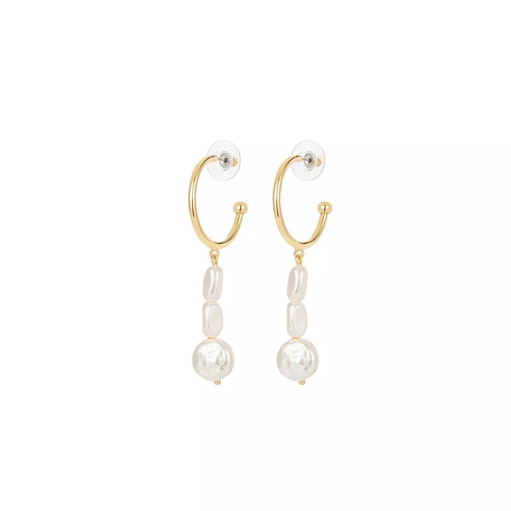 Roman 14k Gold Plated Glass Simulated Baroque Pearls Trio C-Hoop Drop Earrings, Women's, Gold Tone Product Image