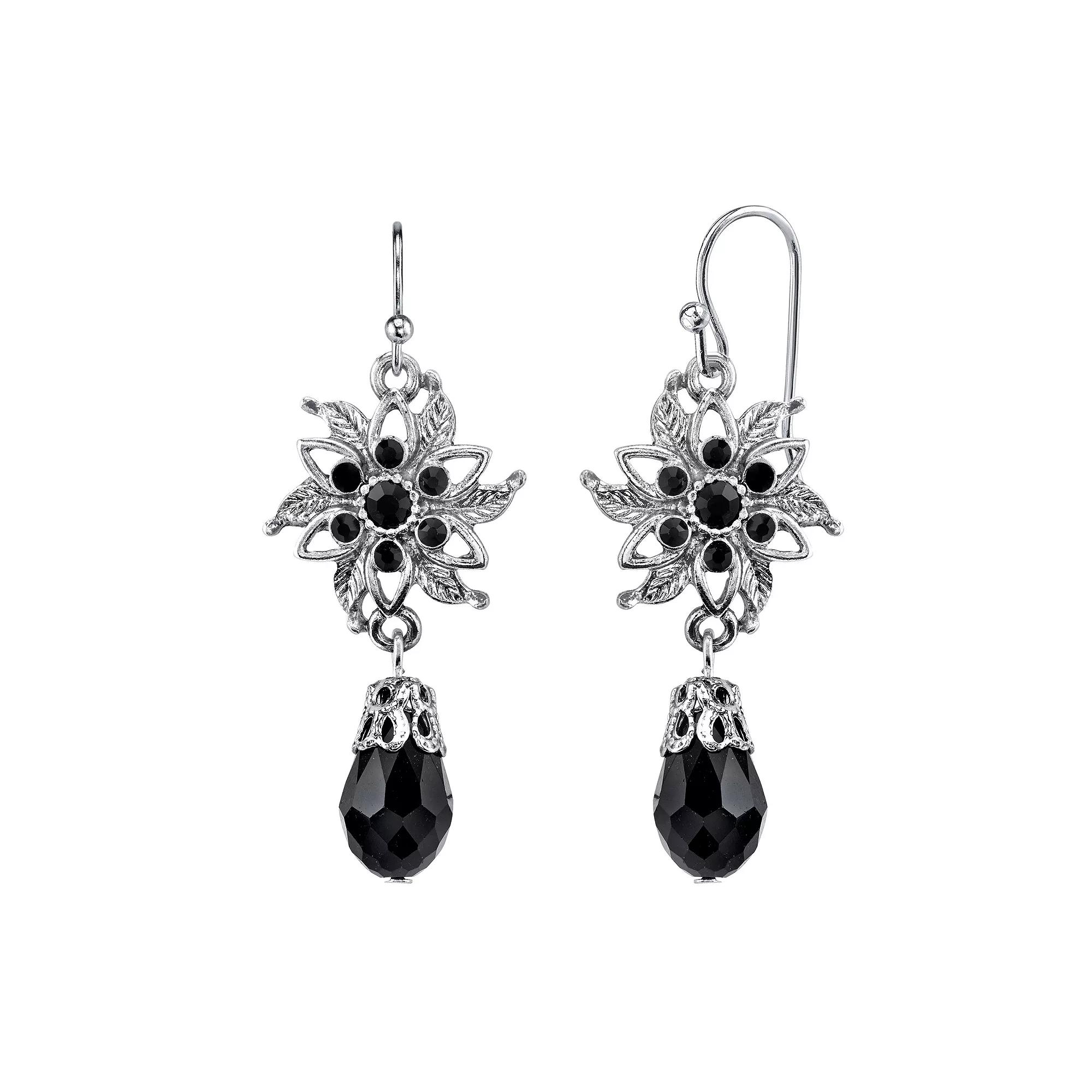 1928 Bead Flower Drop Earrings, Womens, Black Product Image