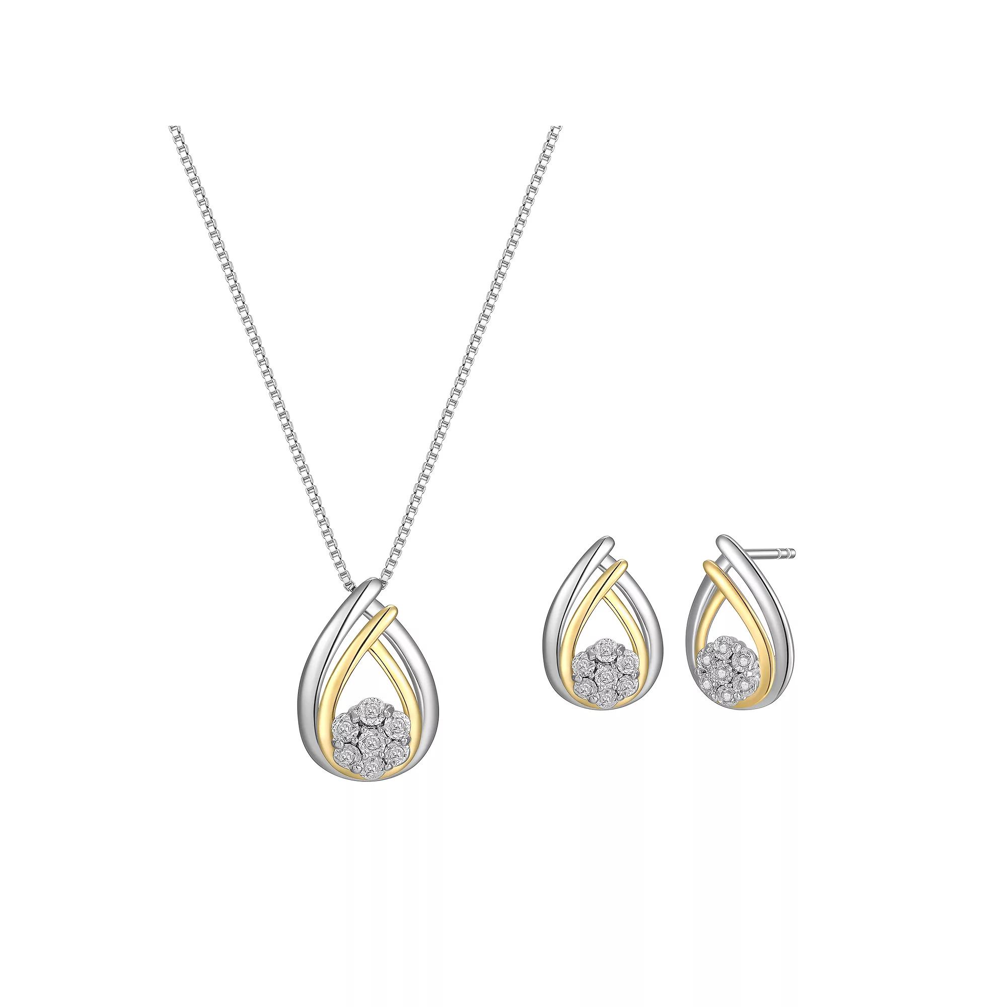 Two Tone Sterling Silver 1/10 Carat T.W. Diamond Teardrop Earrings and Pendant Necklace Set, Women's, Size: 18" Product Image