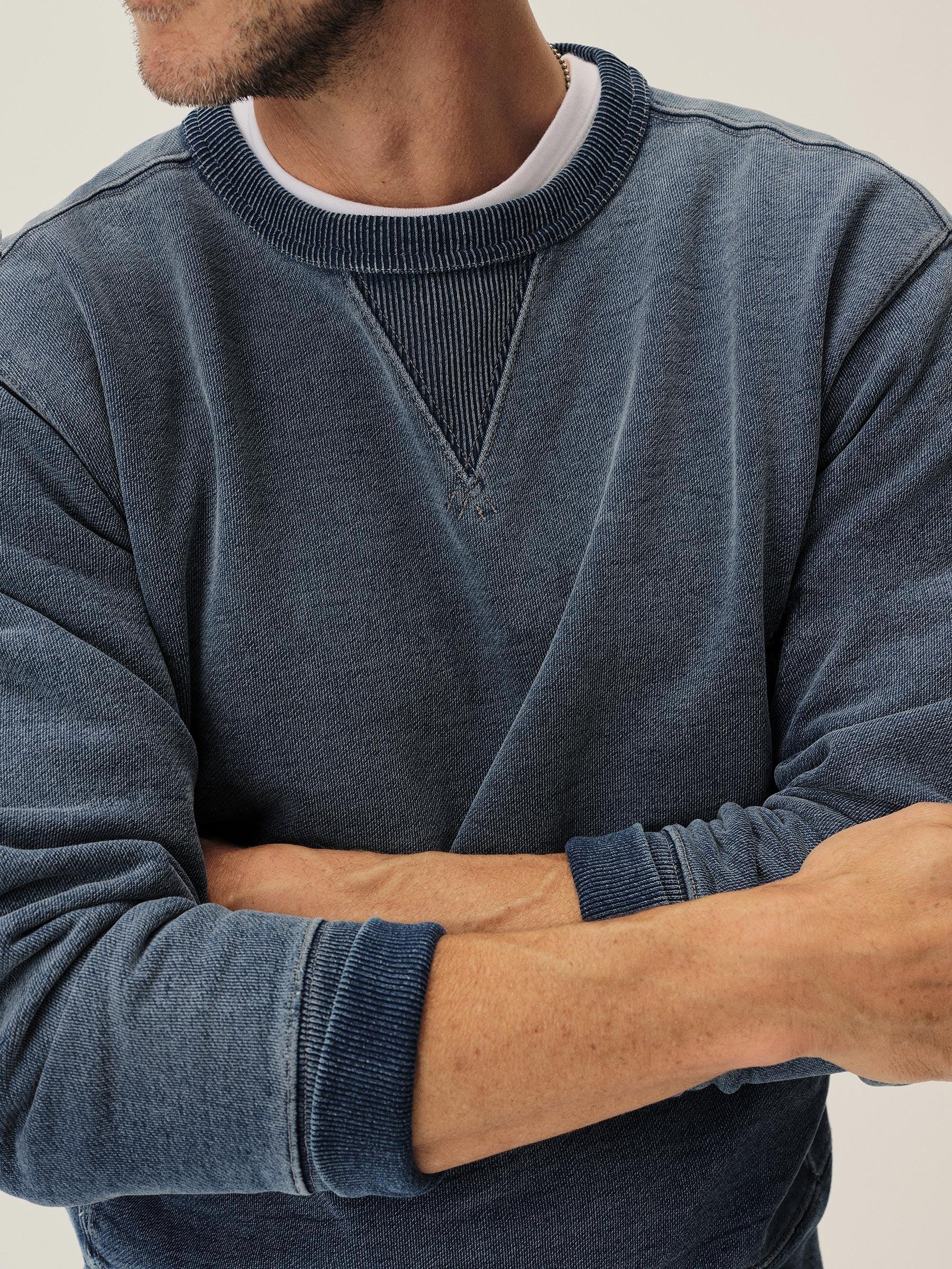 L036 Indigo-Dipped Loopback Double V Crew Sweatshirt Product Image