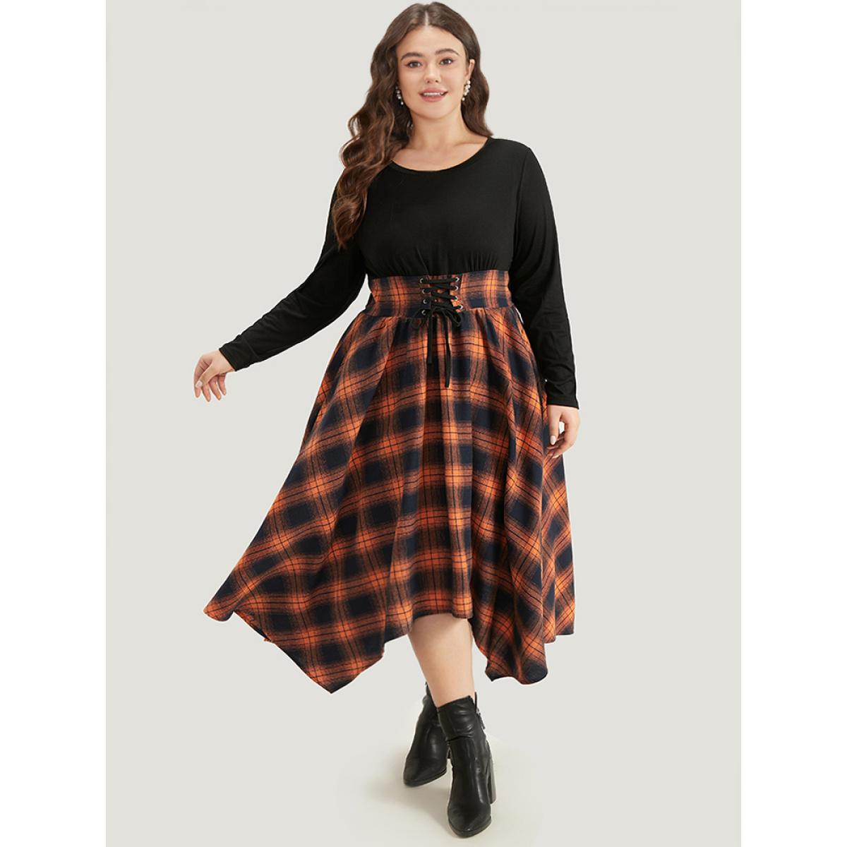 Plus Size Halloween Plaid Lace Up Pocket Asymmetrical Hem Dress Orange Women Casual Cross straps Round Neck Long Sleeve Curvy Midi Dress BloomChic 12/L Product Image