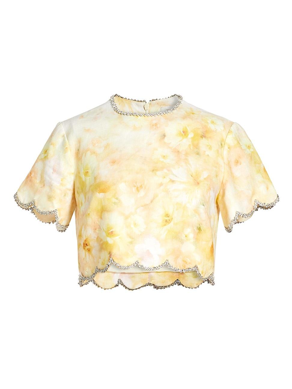 Womens Crush Floral Crystal-Embellished Linen Scalloped Crop Top Product Image