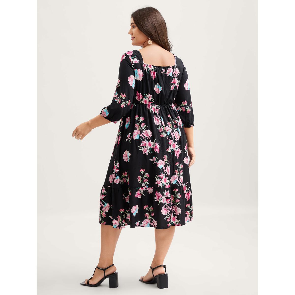 Plus Size Floral Adjustable Bust Drawstring Midi Dress Black Women Heart neckline Elbow-length sleeve Curvy BloomChic 22-24/3X Product Image