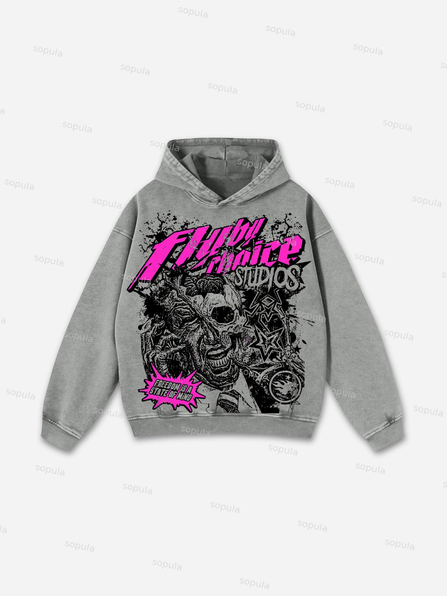 Sopula Fly By Choice Freedom Is A State Of Mind Skull Graphic Washed Hoodie Product Image
