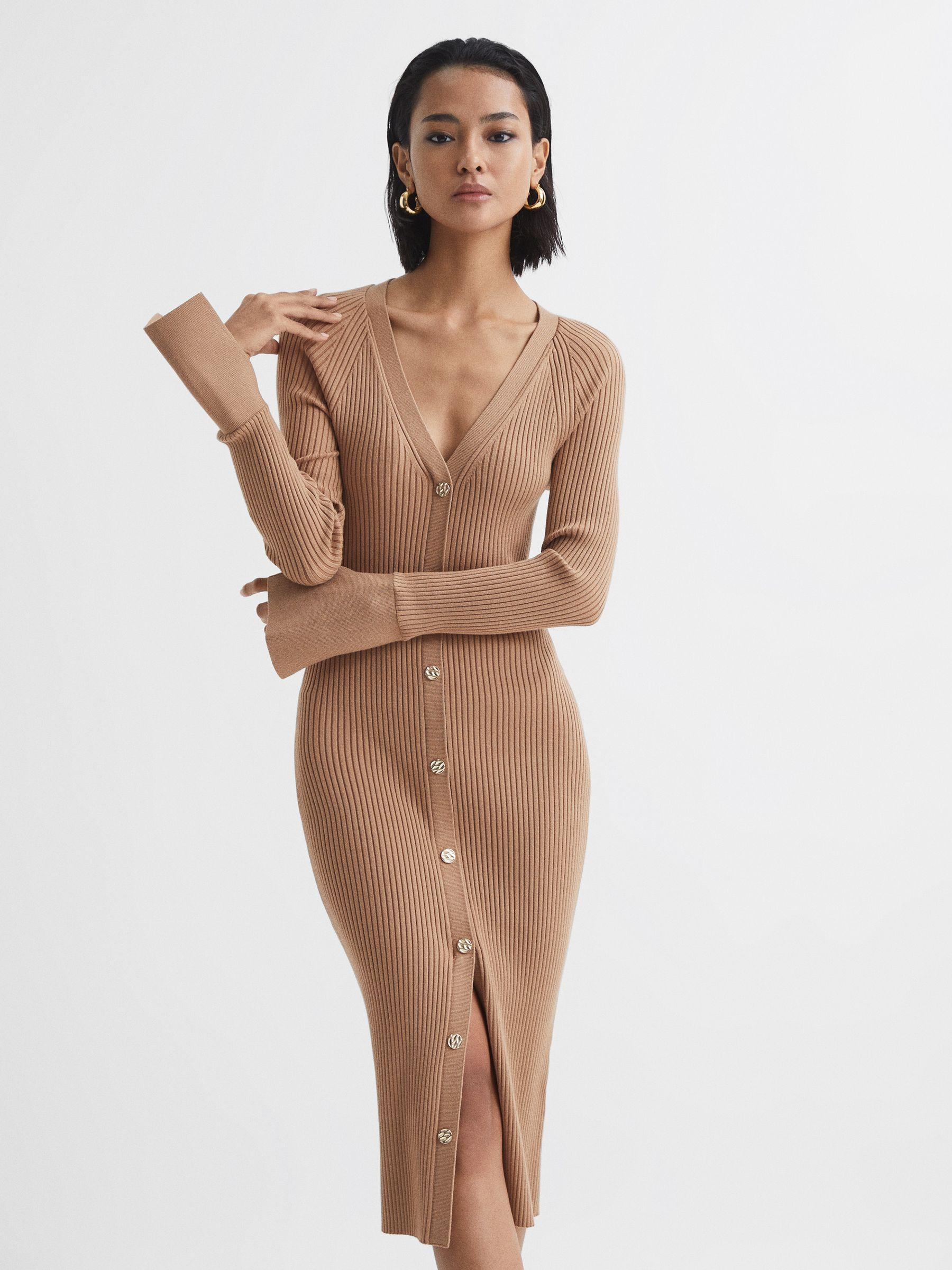 Rib-Knitted Midi Dress in Camel Product Image