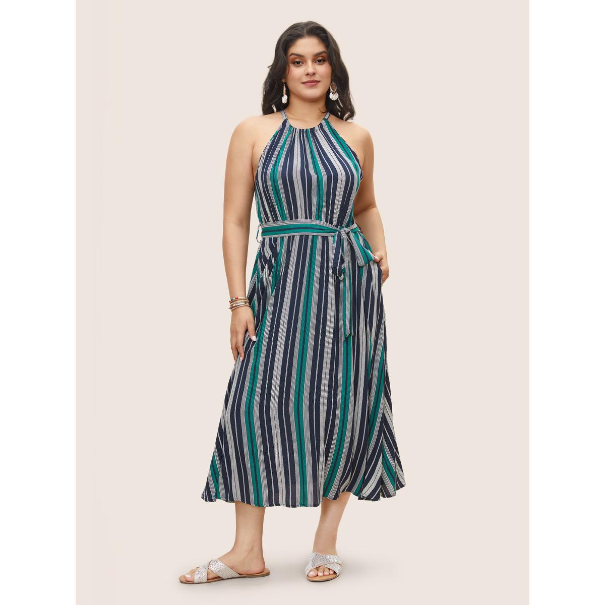 Plus Size Striped Belted Halter Pocket Dress DarkBlue Women Resort Belted Halter neck Sleeveless Curvy Midi Dress BloomChic 18-20/2X Product Image