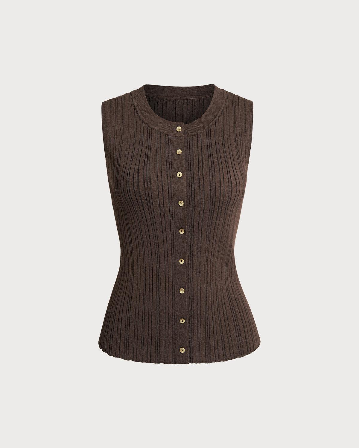 Brown Round Neck Knit Tank Top Product Image