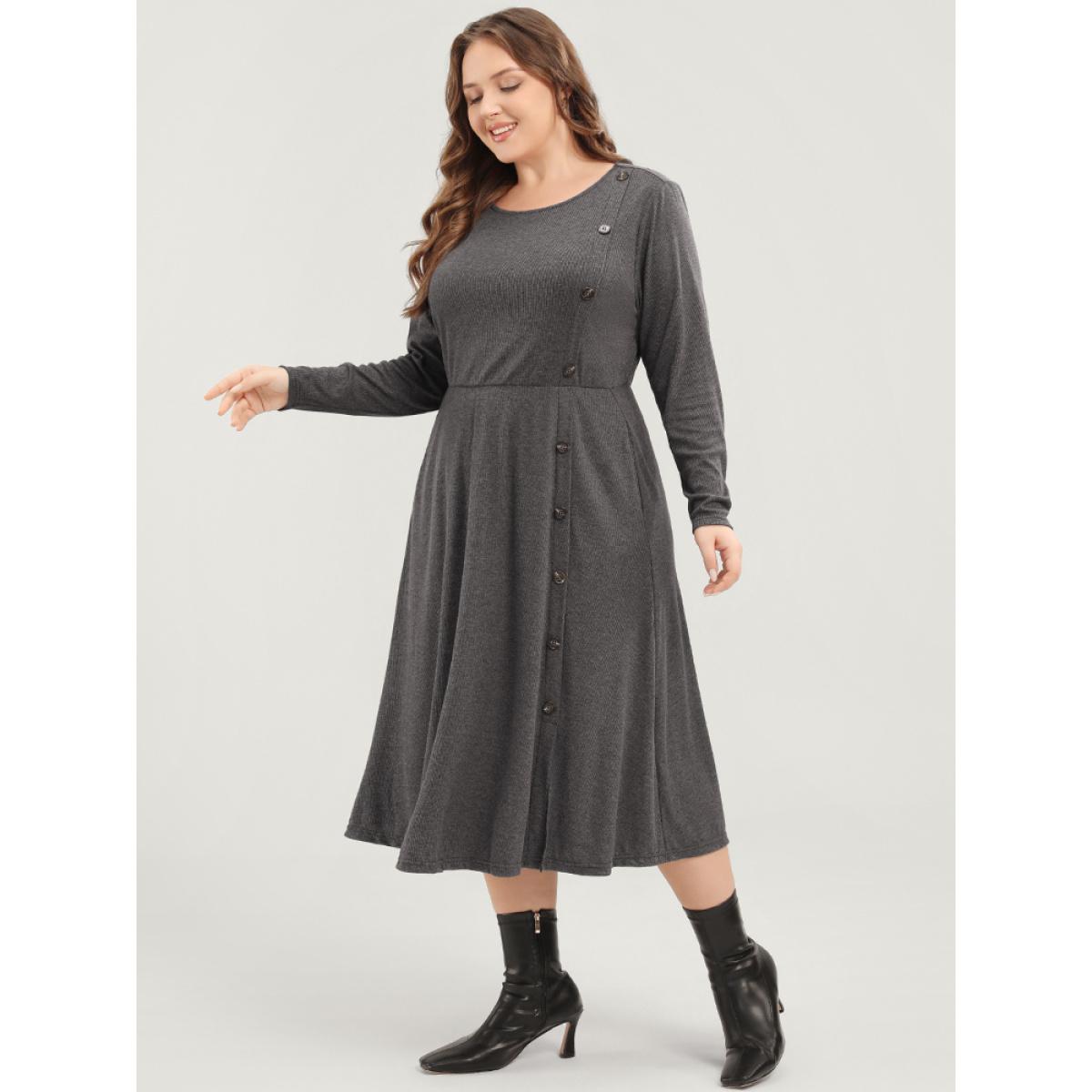 Plus Size Solid Round Neck Pocket Button Detail Ruffle Hem Dress Gray Women Elegant Button Round Neck Long Sleeve Curvy Midi Dress BloomChic 12/L Product Image