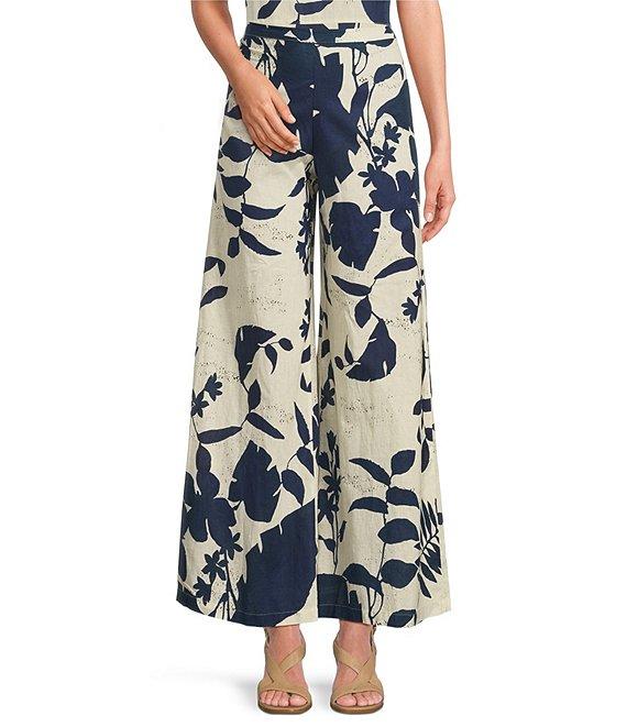 Bryn Walker Foglie Print Flat Front Linen Blend Elastic Waist Wide Full Leg Coordinating Pants Product Image