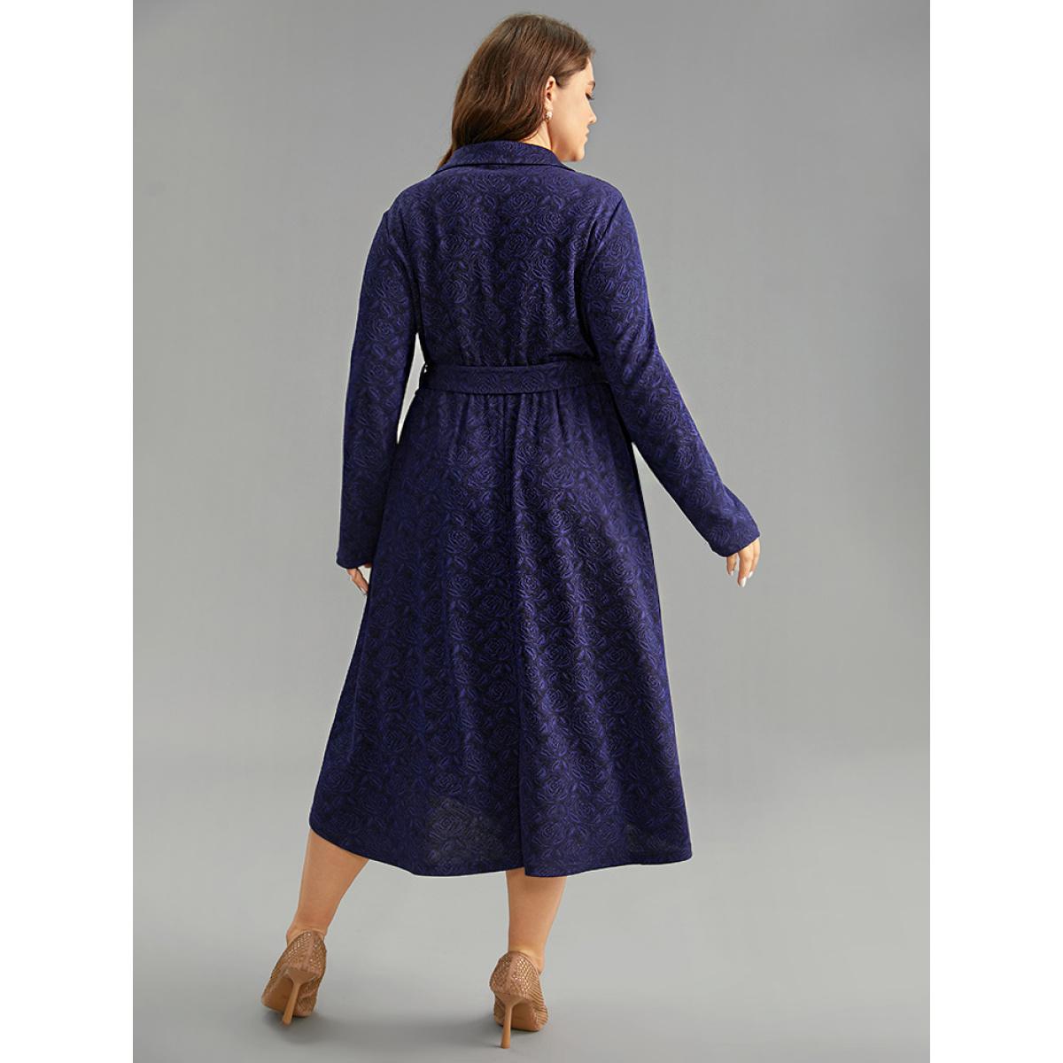 Plus Size Graphic Jacquard Shirt Collar Belted Dress Indigo Women Office Texture Shirt collar Long Sleeve Curvy Midi Dress BloomChic 12/L Product Image