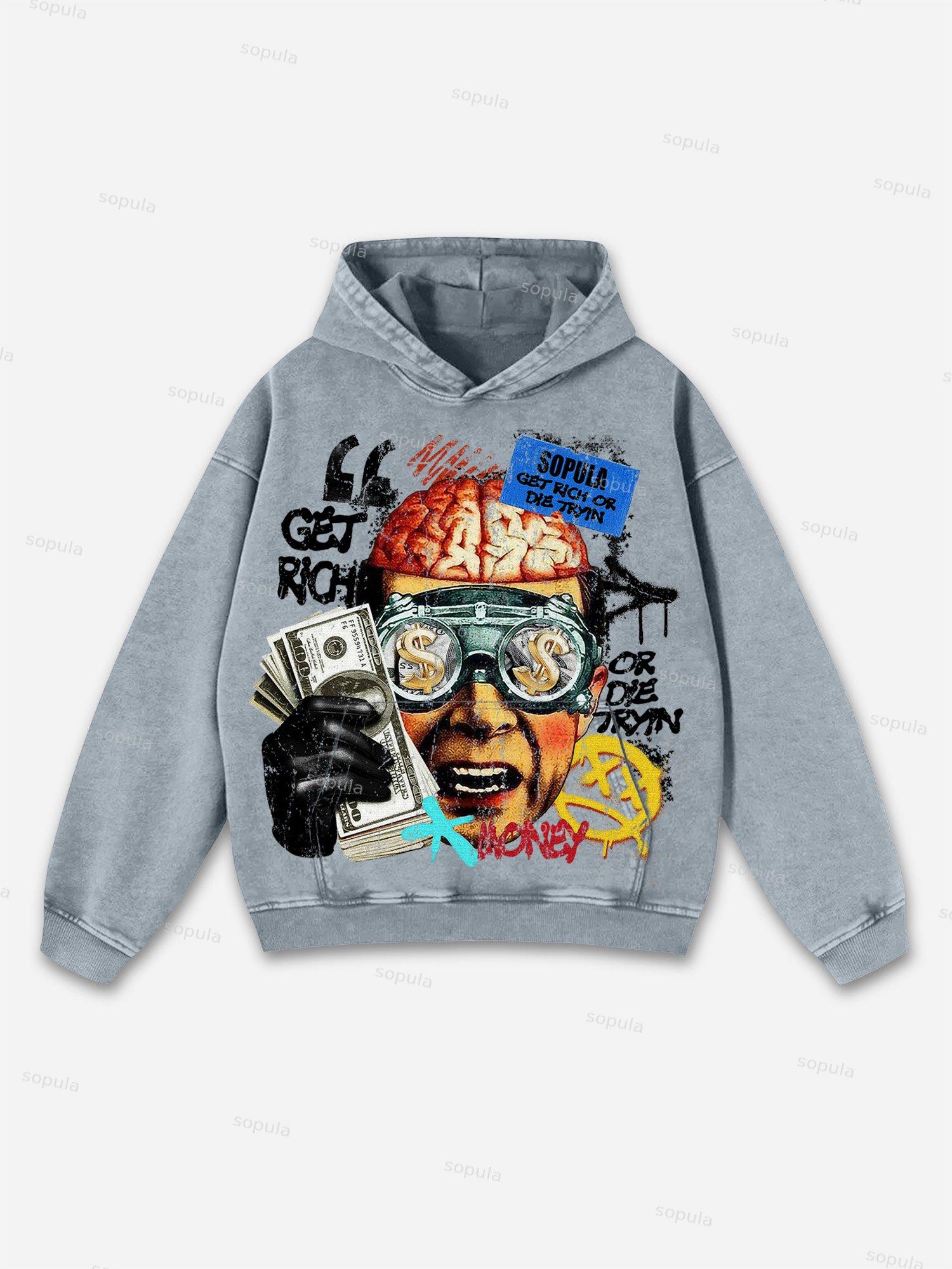 Men's Get Rich Money or Die Tryin Grpahic Washed Hoodie Product Image