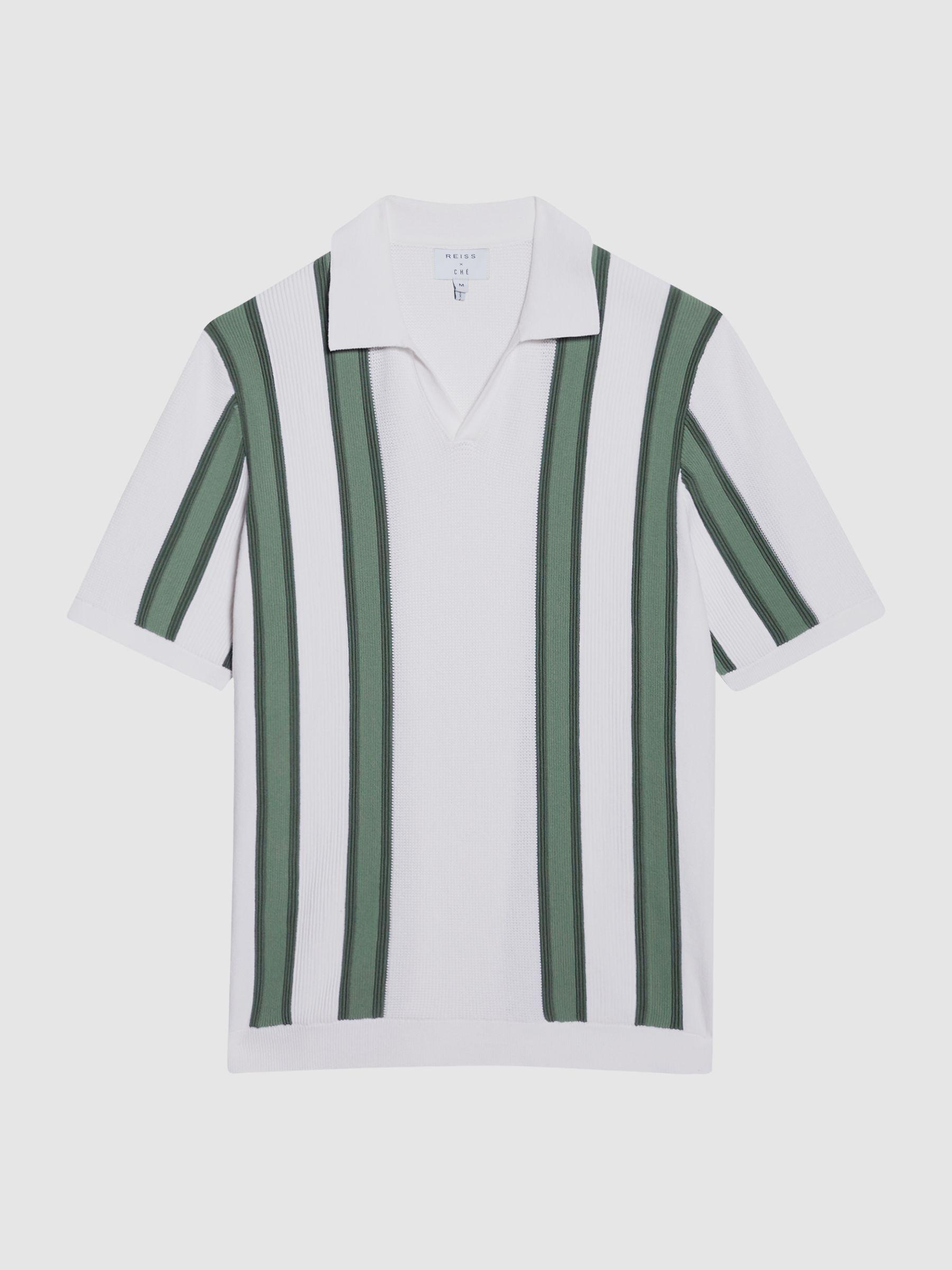 Open Collar Striped Polo T-Shirt in White/Sage Product Image