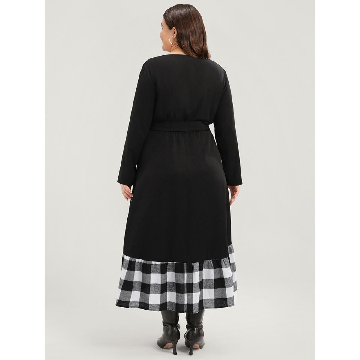 Plus Size Plaid Patchwork Pocket Belted Asymmetrical Hem Dress Black Women Elegant Belted Round Neck Long Sleeve Curvy Midi Dress BloomChic 30/6X Product Image