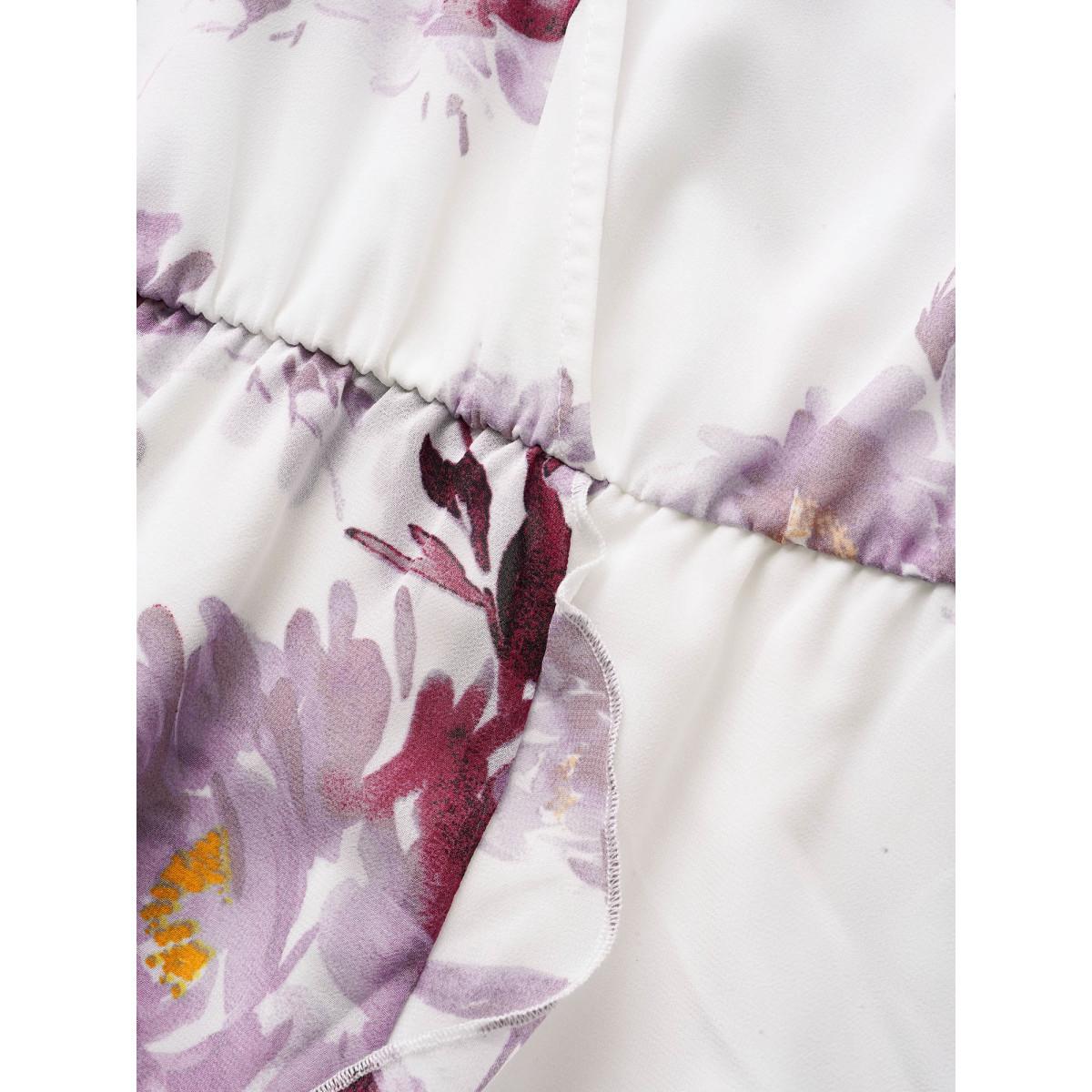 Plus Size Floral Overlap Collar Ruffle Cap Sleeve Dress Mauve Women Elegant Belted Overlap Collar Cap Sleeve Curvy BloomChic 22-24/3X Product Image