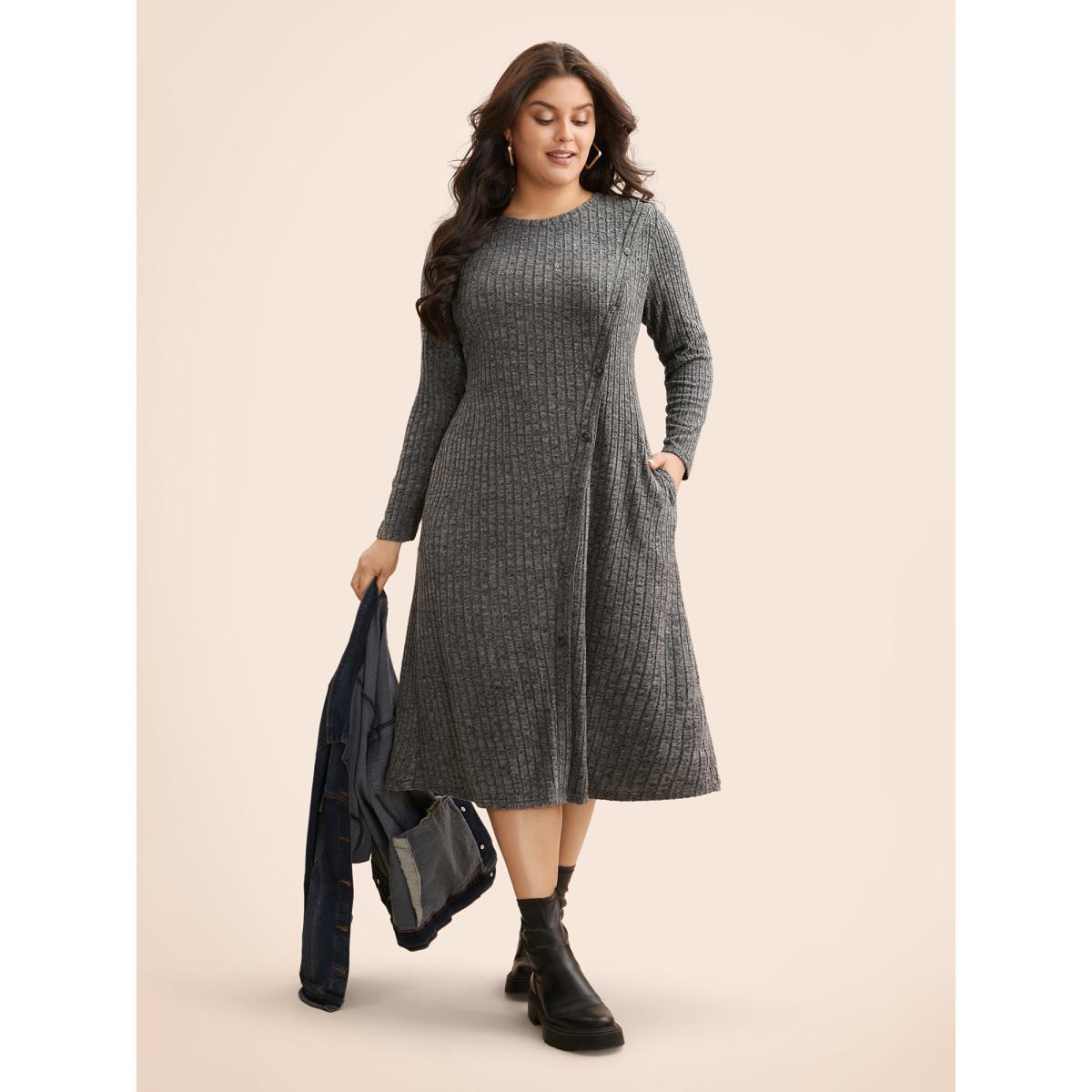 Plus Size Crew Neck Button Detail Slim Fit Dress DimGray Women Casual Texture Round Neck Long Sleeve Curvy BloomChic 30/6X Product Image