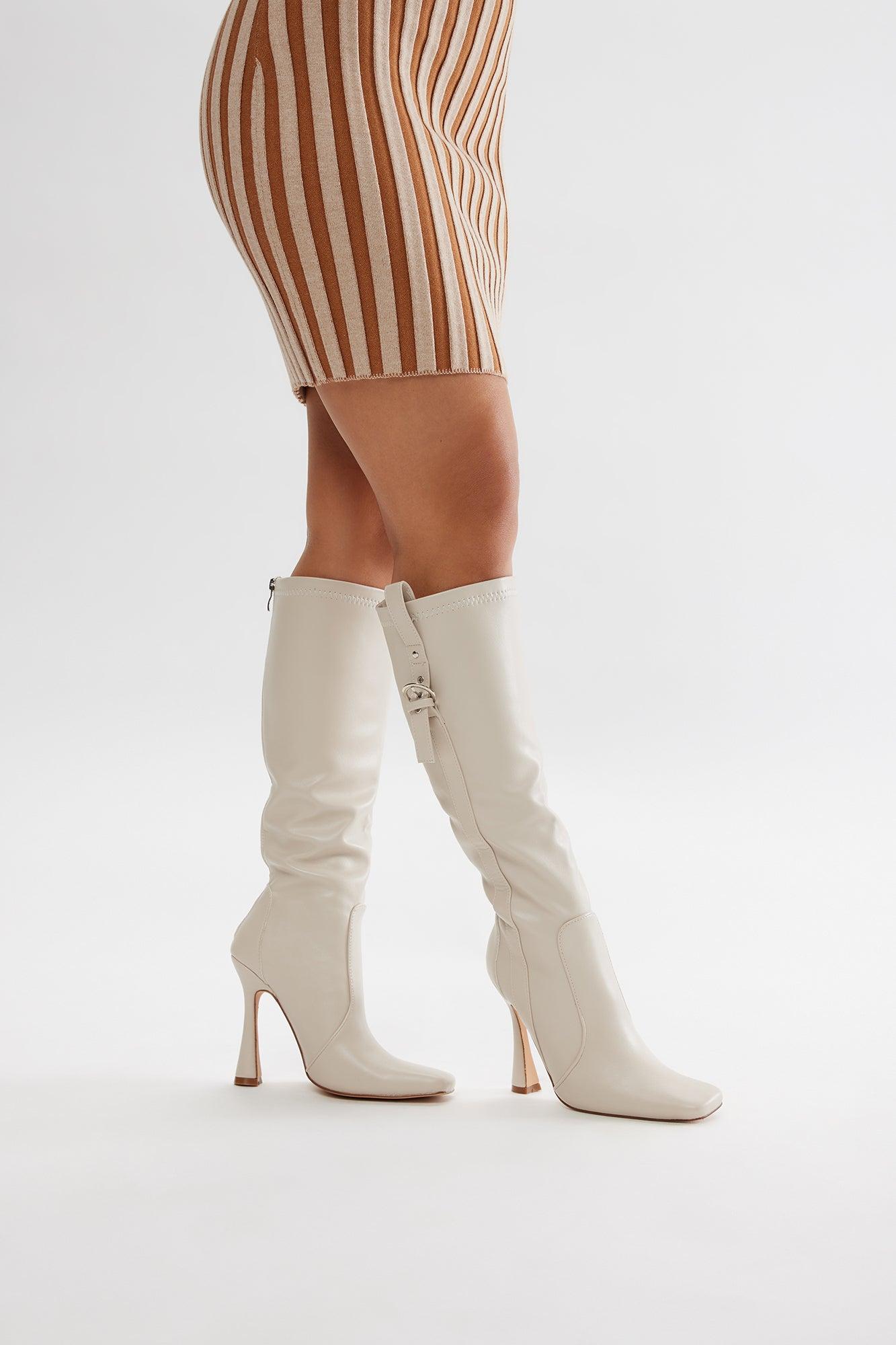 Anika Buckle Knee High Boots - Beige Product Image