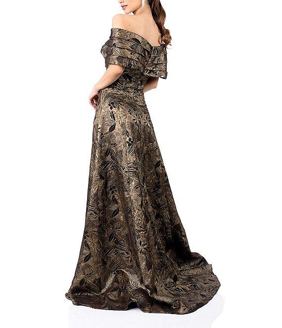 Terani Couture Pleated Off-the-Shoulder Short Sleeve Gown Product Image