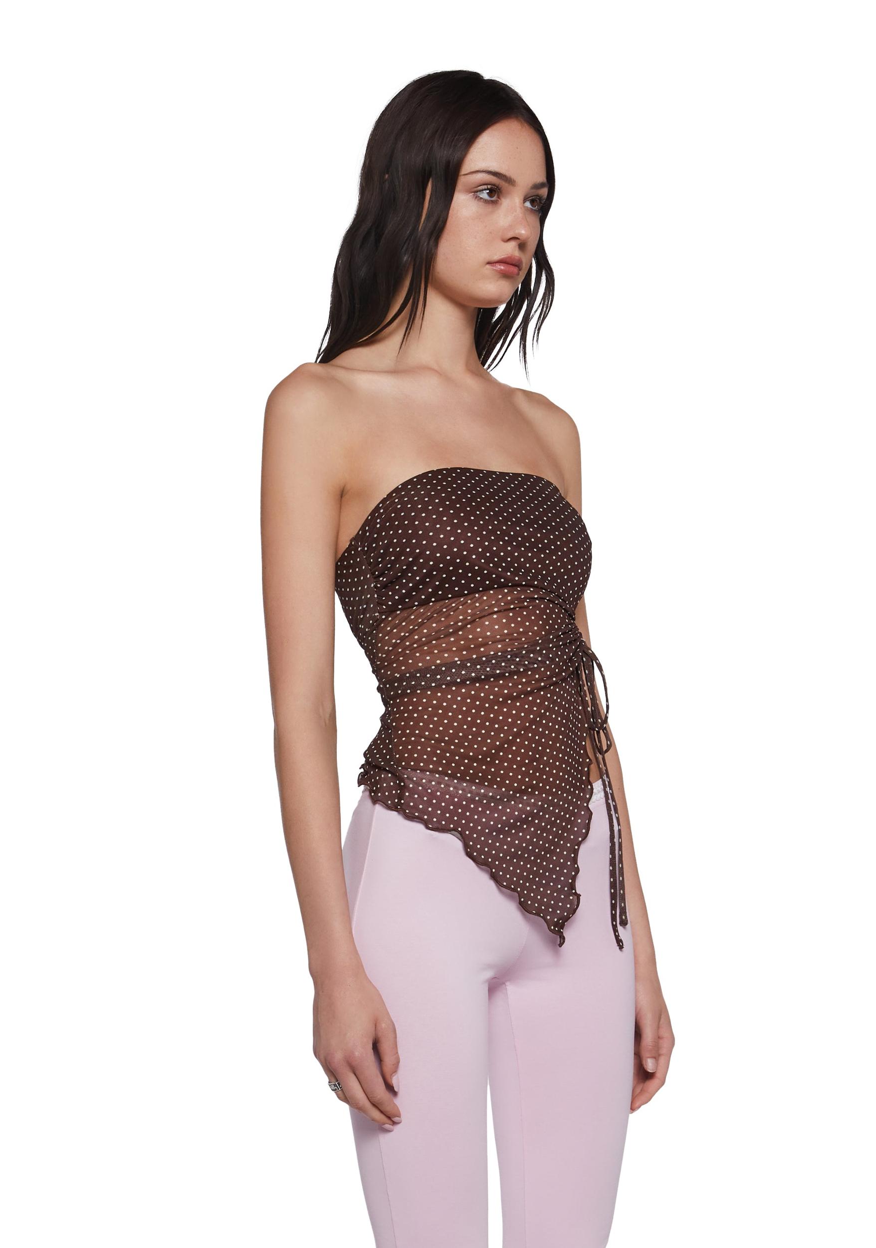 Womens Polka Dot Tube Top With Ruching - Brown Product Image